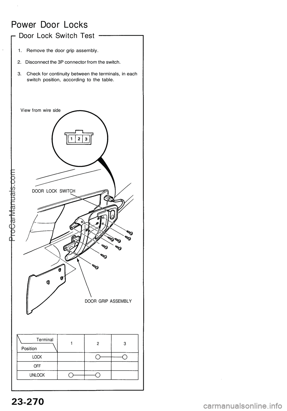 ACURA NSX 1997 Service Repair Manual
Power Door Locks
Door Lock Switch Test
1. Remove the door grip assembly.
2. Disconnect the 3P connector from the switch.
3. Check for continuity between the terminals, in each
switch position, a ACURA NSX 1997 Service Repair Manual
Power Door Locks
Door Lock Switch Test
1. Remove the door grip assembly.
2. Disconnect the 3P connector from the switch.
3. Check for continuity between the terminals, in each
switch position, a