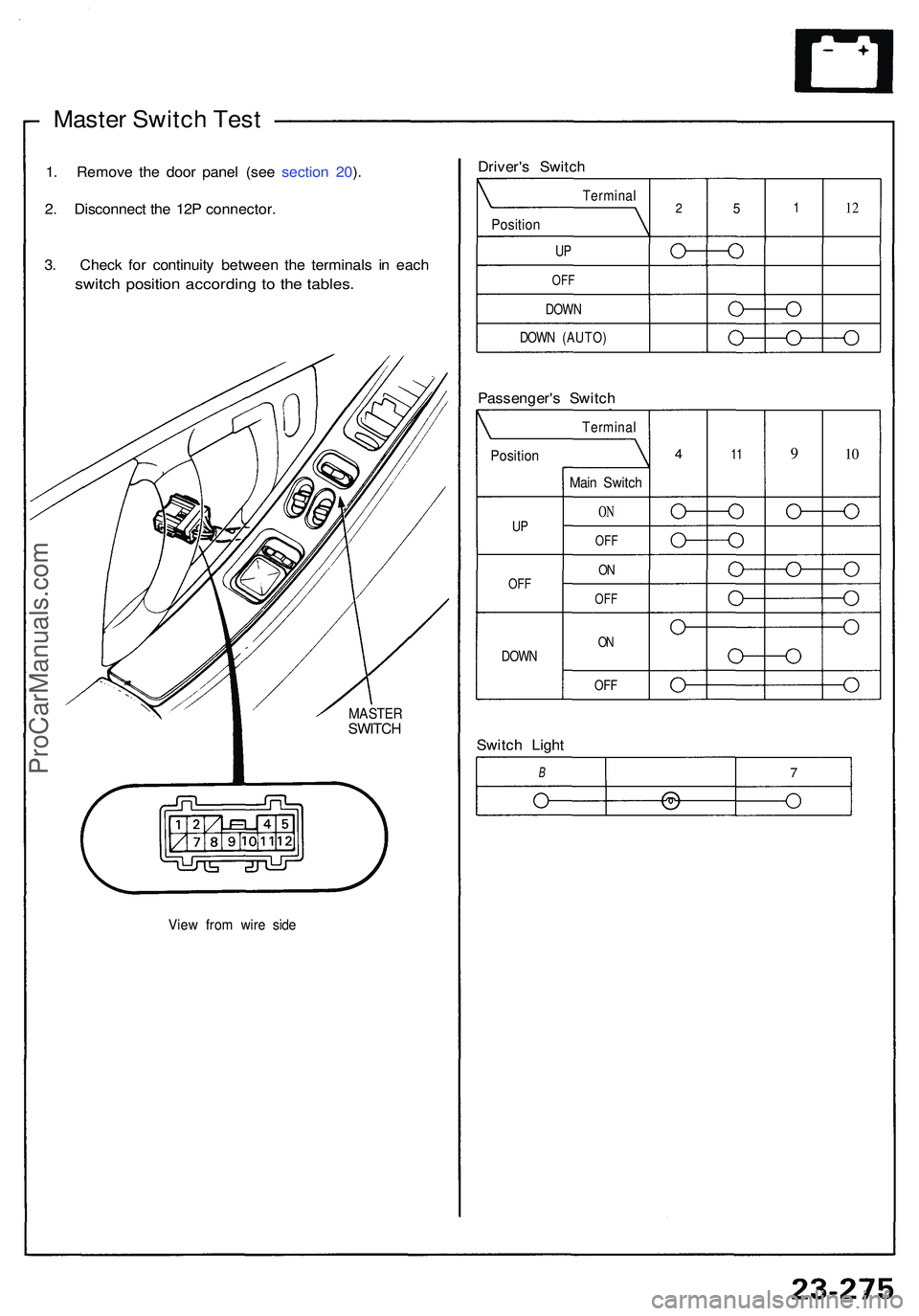 ACURA NSX 1997 Service Repair Manual Master Switc h Tes t
1. Remov e th e doo r pane l (se e sectio n 20 ).
2 . Disconnec t th e 12 P connector .
3 . Chec k fo r continuit y betwee n th e terminal s i n eac h
switc h positio n accordin g ACURA NSX 1997 Service Repair Manual Master Switc h Tes t
1. Remov e th e doo r pane l (se e sectio n 20 ).
2 . Disconnec t th e 12 P connector .
3 . Chec k fo r continuit y betwee n th e terminal s i n eac h
switc h positio n accordin g