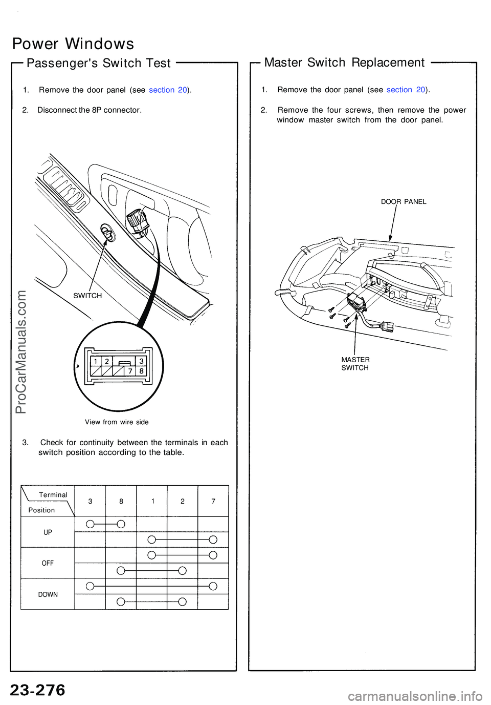 ACURA NSX 1997 Service Repair Manual Power Window s
Passenger' s Switc h Tes t
1. Remov e th e doo r pane l (se e sectio n 20 ).
2 . Disconnec t th e 8 P connector .
View fro m wir e sid e
3. Chec k fo r continuit y betwee n th e ter ACURA NSX 1997 Service Repair Manual Power Window s
Passenger' s Switc h Tes t
1. Remov e th e doo r pane l (se e sectio n 20 ).
2 . Disconnec t th e 8 P connector .
View fro m wir e sid e
3. Chec k fo r continuit y betwee n th e ter