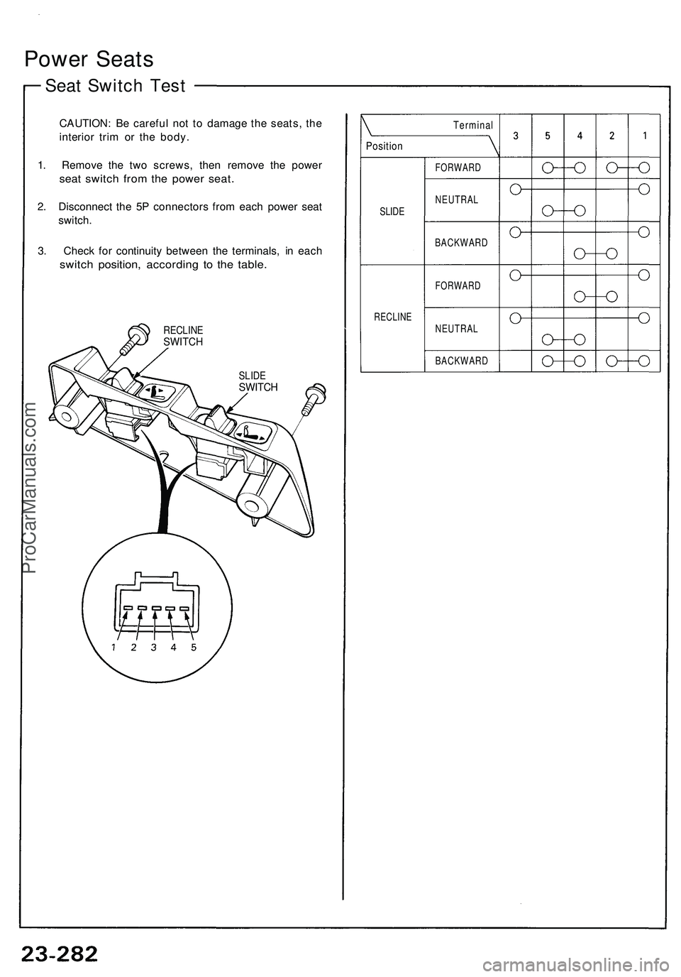 ACURA NSX 1997  Service Repair Manual 
Power Seats

Seat Switch Test

CAUTION: Be careful not to damage the seats, the

interior trim or the body.

1. Remove the two screws, then remove the power

seat switch from the power seat.

2. Disc
