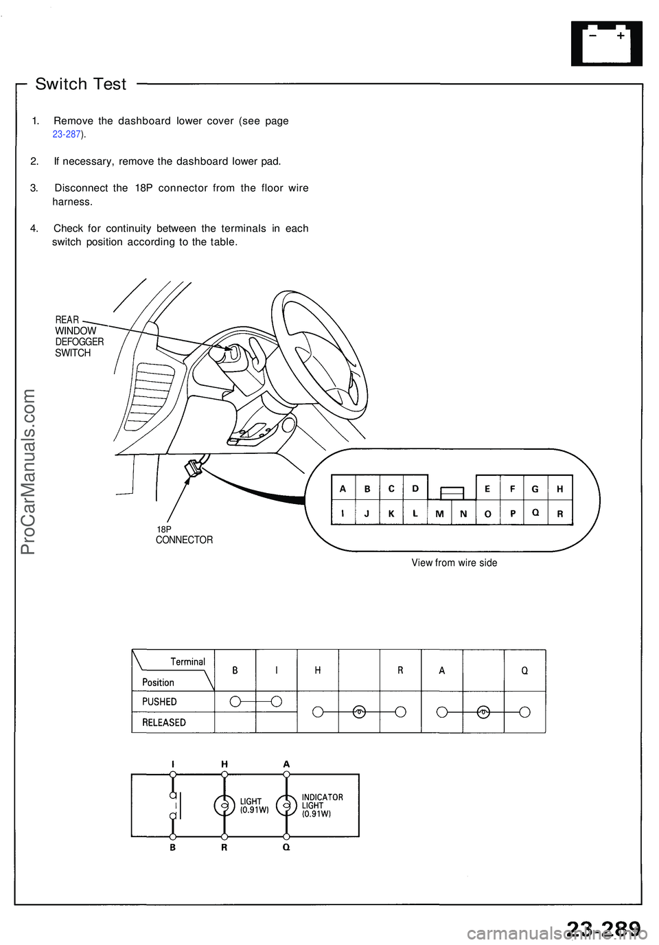 ACURA NSX 1997  Service Repair Manual Switch Tes t
1. Remov e th e dashboar d lowe r cove r (se e pag e 
23-287 ).
2 . I f necessary , remov e th e dashboar d lowe r pad .
3 . Disconnec t th e 18 P connecto r fro m th e floo r wir e
harne