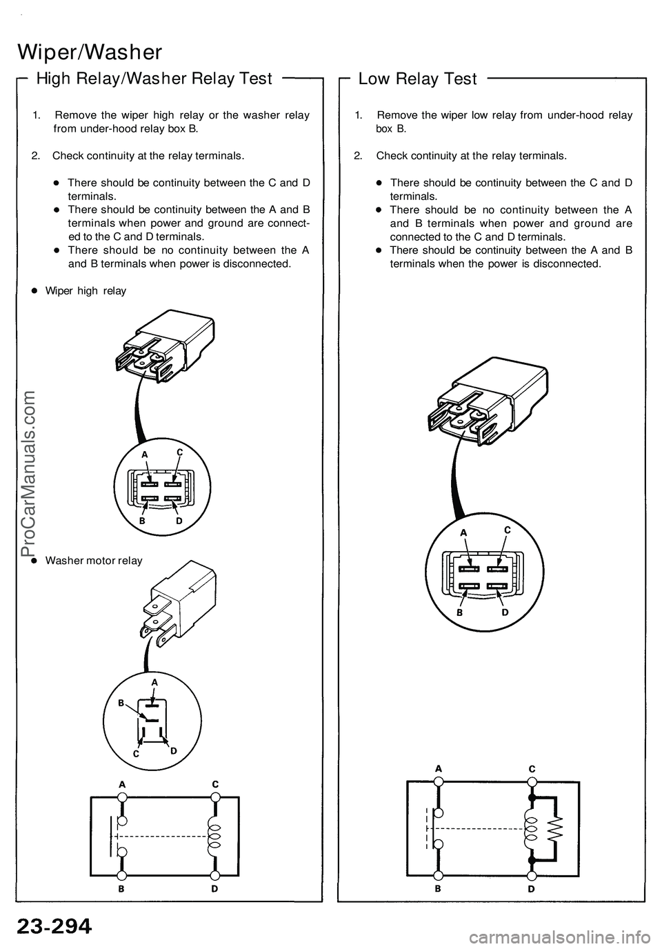 ACURA NSX 1997  Service Repair Manual 
Wiper/Washer

High Relay/Washer Relay Test

1. Remove the wiper high relay or the washer relay

from under-hood relay box B.

2. Check continuity at the relay terminals.

There should be continuity b
