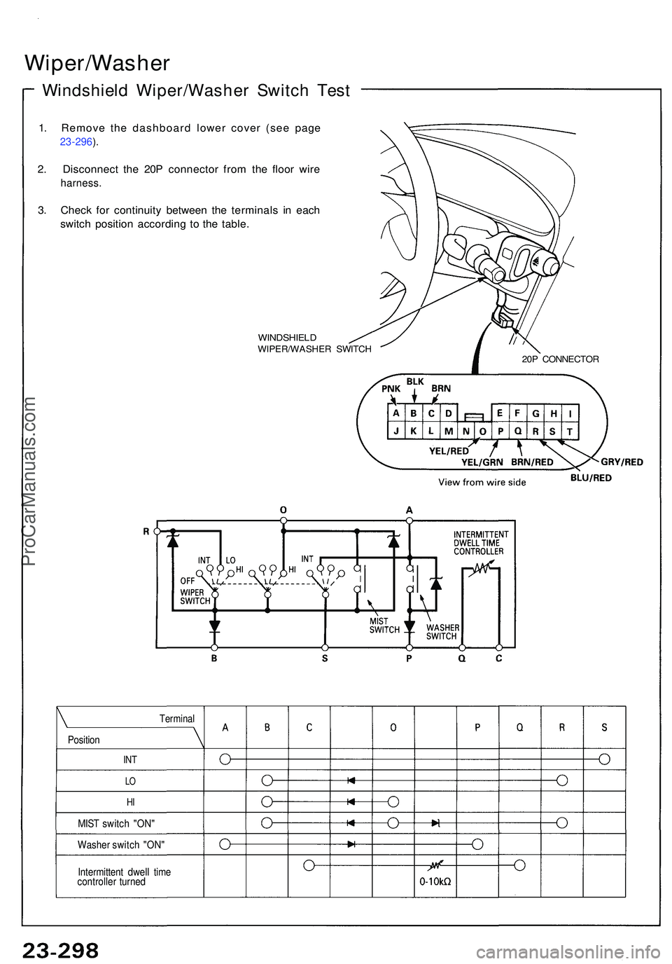 ACURA NSX 1997  Service Repair Manual Wiper/Washer
Windshield Wiper/Washe r Switc h Tes t
1. Remov e th e dashboar d lowe r cove r (se e pag e
23-296 ).
2 . Disconnec t th e 20 P connecto r fro m th e floo r wir e
harness .
3. Chec k fo r