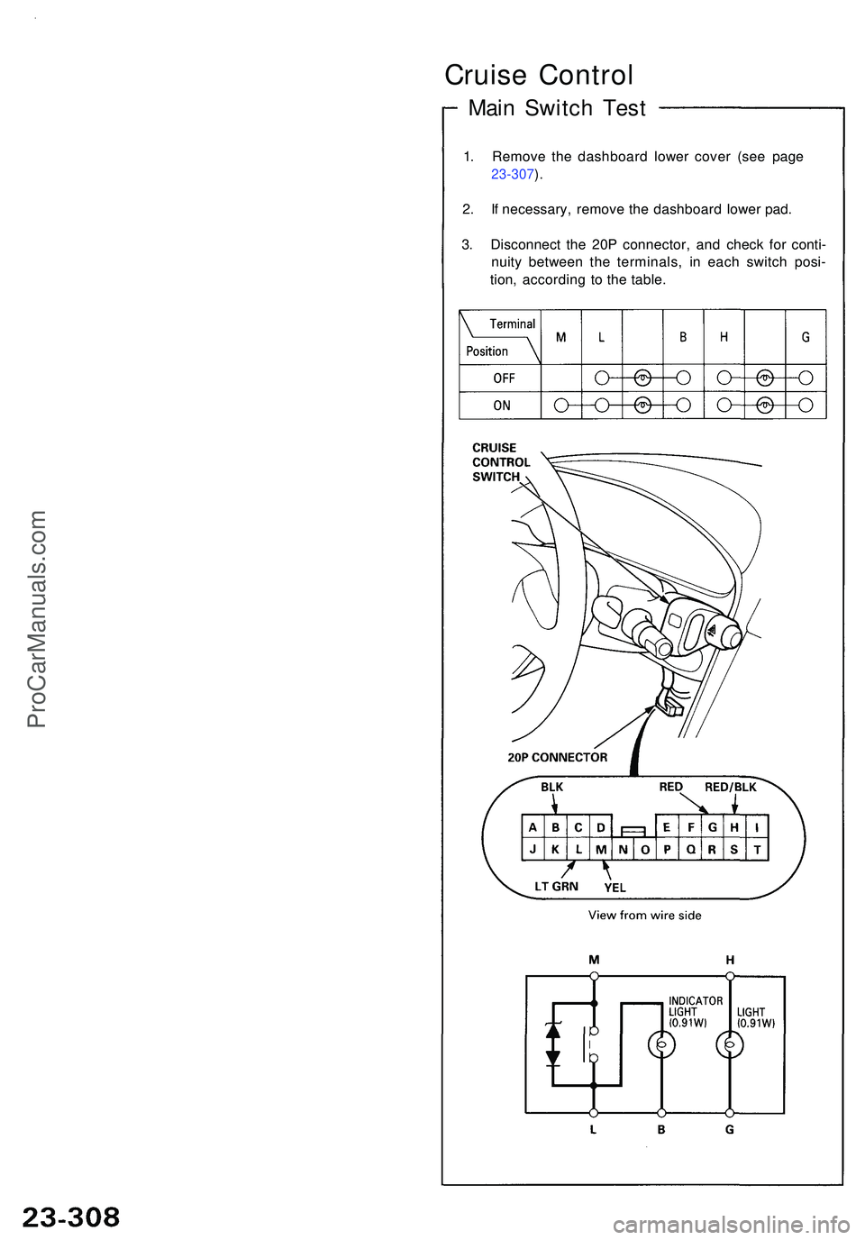 ACURA NSX 1997 Service Repair Manual Cruise Contro l
Main Switc h Tes t
1. Remov e th e dashboar d lowe r cove r (se e page
23-307 ).
2 . I f necessary , remov e th e dashboar d lowe r pad .
3 . Disconnec t th e 20 P connector , an d che ACURA NSX 1997 Service Repair Manual Cruise Contro l
Main Switc h Tes t
1. Remov e th e dashboar d lowe r cove r (se e page
23-307 ).
2 . I f necessary , remov e th e dashboar d lowe r pad .
3 . Disconnec t th e 20 P connector , an d che