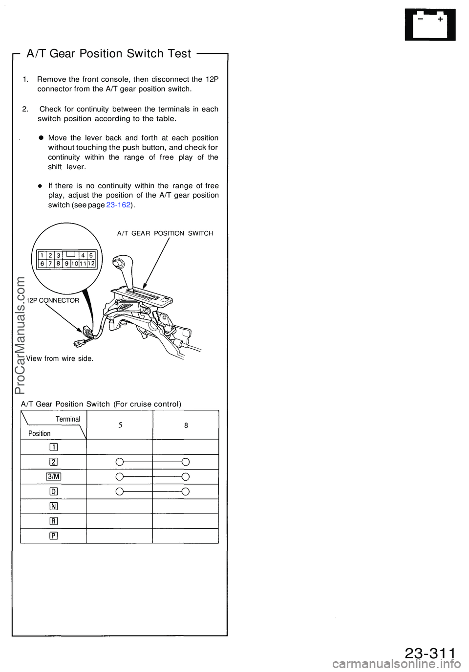 ACURA NSX 1997 Service Repair Manual A/T Gea r Positio n Switc h Tes t
1. Remov e th e fron t console , the n disconnec t th e 12 P
connecto r fro m th e A/ T gea r positio n switch .
2 . Chec k fo r continuit y betwee n th e terminal s ACURA NSX 1997 Service Repair Manual A/T Gea r Positio n Switc h Tes t
1. Remov e th e fron t console , the n disconnec t th e 12 P
connecto r fro m th e A/ T gea r positio n switch .
2 . Chec k fo r continuit y betwee n th e terminal s