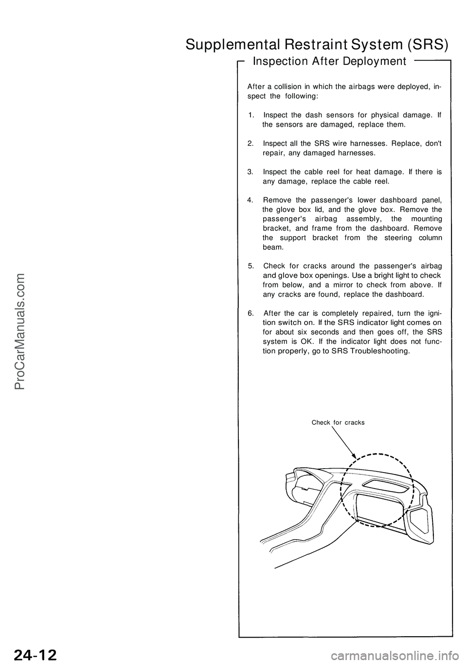 ACURA NSX 1997 Service Repair Manual Supplemental Restrain t Syste m (SRS )
After a collisio n i n whic h th e airbag s wer e deployed , in -
spec t th e following :
1 . Inspec t th e das h sensor s fo r physica l damage . I f
th e sens ACURA NSX 1997 Service Repair Manual Supplemental Restrain t Syste m (SRS )
After a collisio n i n whic h th e airbag s wer e deployed , in -
spec t th e following :
1 . Inspec t th e das h sensor s fo r physica l damage . I f
th e sens