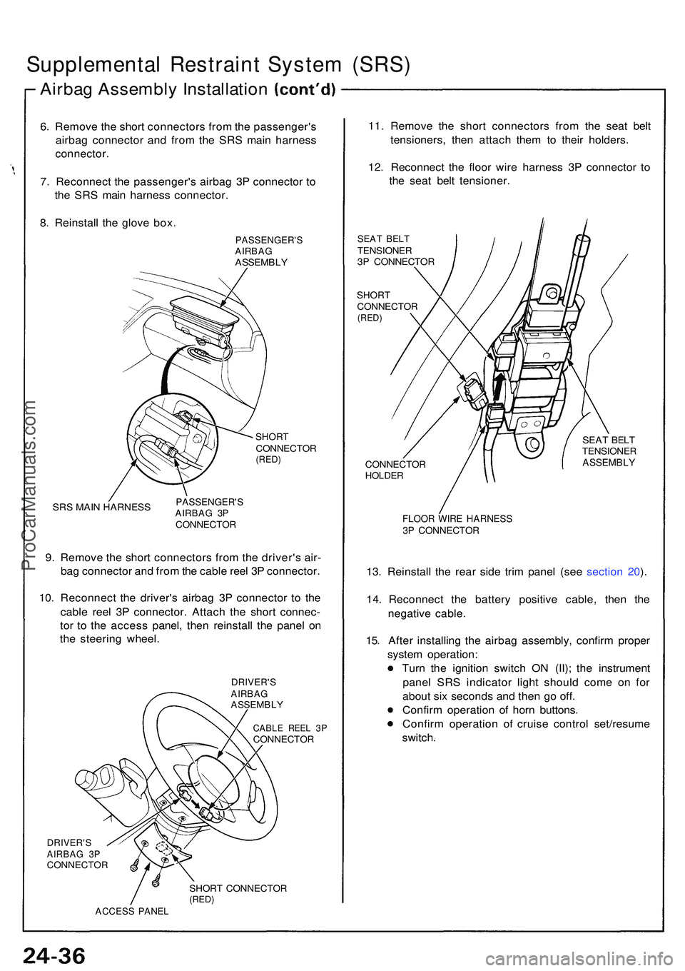 ACURA NSX 1997  Service Repair Manual Supplemental Restrain t Syste m (SRS )
Airbag Assembl y Installatio n
6. Remov e th e shor t connector s fro m th e passenger' s
airba g connecto r an d fro m th e SR S mai n harnes s
connector .

