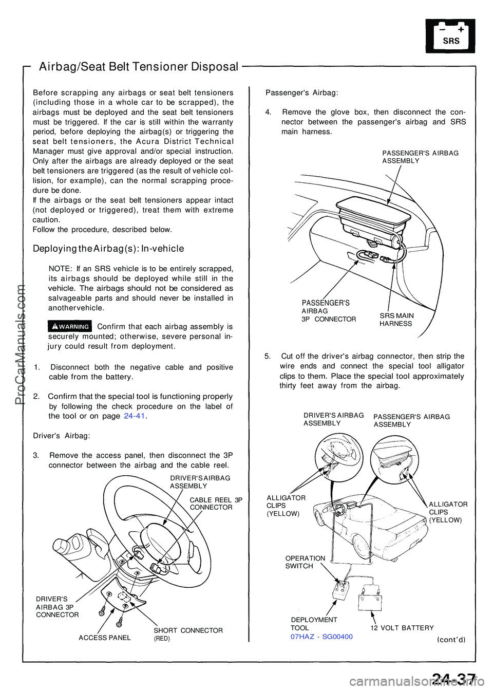 ACURA NSX 1997  Service Repair Manual Airbag/Seat Bel t Tensione r Disposa l
Before scrappin g an y airbag s o r sea t bel t tensioner s
(includin g thos e i n a  whol e ca r t o b e scrapped) , th e
airbag s mus t b e deploye d an d th e
