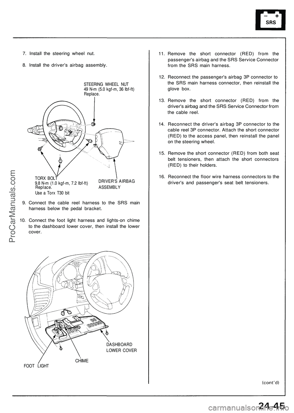 ACURA NSX 1997 Service Repair Manual 7. Instal l th e steerin g whee l nut .
8 . Instal l th e driver' s airba g assembly .
STEERING WHEE L NU T
4 9 N- m (5. 0 kgf-m , 3 6 Ibf-ft )
Replace .
DRIVER' S AIRBA G
TOR
X BOL T
9. 8 N- ACURA NSX 1997 Service Repair Manual 7. Instal l th e steerin g whee l nut .
8 . Instal l th e driver' s airba g assembly .
STEERING WHEE L NU T
4 9 N- m (5. 0 kgf-m , 3 6 Ibf-ft )
Replace .
DRIVER' S AIRBA G
TOR
X BOL T
9. 8 N-