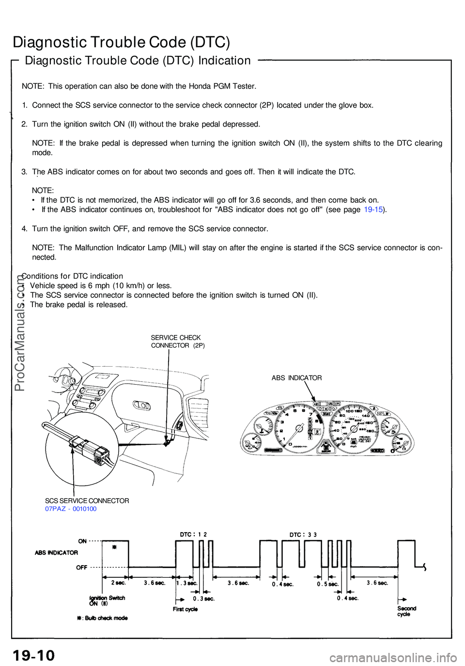 ACURA NSX 1997 Service Repair Manual Diagnostic Troubl e Cod e (DTC )
Diagnosti c Troubl e Cod e (DTC ) Indicatio n
NOTE: Thi s operatio n can also b e don e wit h th e Hond a PG M Tester .
1 . Connec t th e SC S servic e connecto r t o ACURA NSX 1997 Service Repair Manual Diagnostic Troubl e Cod e (DTC )
Diagnosti c Troubl e Cod e (DTC ) Indicatio n
NOTE: Thi s operatio n can also b e don e wit h th e Hond a PG M Tester .
1 . Connec t th e SC S servic e connecto r t o