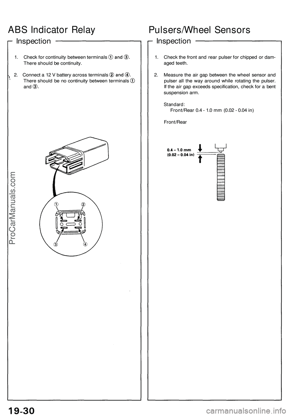 ACURA NSX 1997 Service Repair Manual ABS Indicato r Rela y
Inspectio n
1. Chec k fo r continuit y betwee n terminal s
Ther e shoul d b e continuity .
2. Connec t a 1 2 V batter y acros s terminal s
There shoul d b e n o continuit y bet ACURA NSX 1997 Service Repair Manual ABS Indicato r Rela y
Inspectio n
1. Chec k fo r continuit y betwee n terminal s
Ther e shoul d b e continuity .
2. Connec t a 1 2 V batter y acros s terminal s
There shoul d b e n o continuit y bet