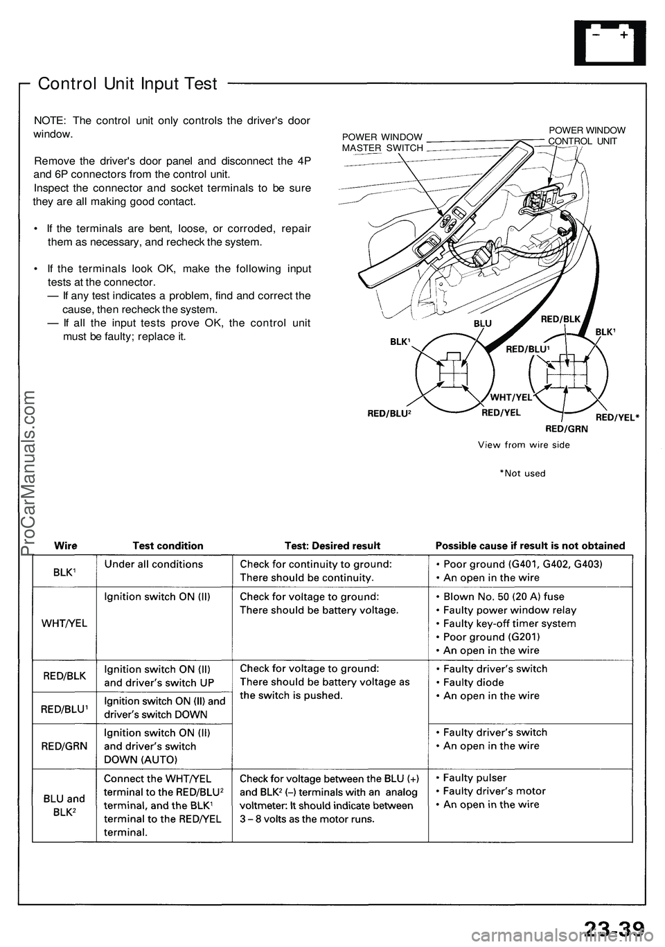 ACURA NSX 1997  Service Repair Manual 
Control Unit Input Test

NOTE: The control unit only controls the driver's door

window.

Remove the driver's door panel and disconnect the 4P

and 6P connectors from the control unit.

Inspe