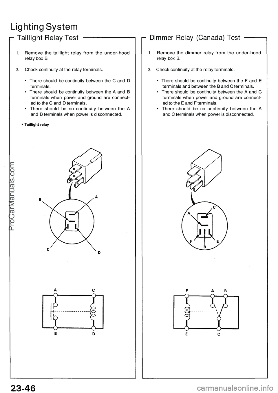 ACURA NSX 1997 Service Repair Manual Lighting Syste m
Tailligh t Rela y Tes t
1. Remov e th e tailligh t rela y fro m th e under-hoo d
relay bo x B .
2 . Chec k continuit y a t th e rela y terminals .
• Ther e shoul d b e continuit y ACURA NSX 1997 Service Repair Manual Lighting Syste m
Tailligh t Rela y Tes t
1. Remov e th e tailligh t rela y fro m th e under-hoo d
relay bo x B .
2 . Chec k continuit y a t th e rela y terminals .
• Ther e shoul d b e continuit y