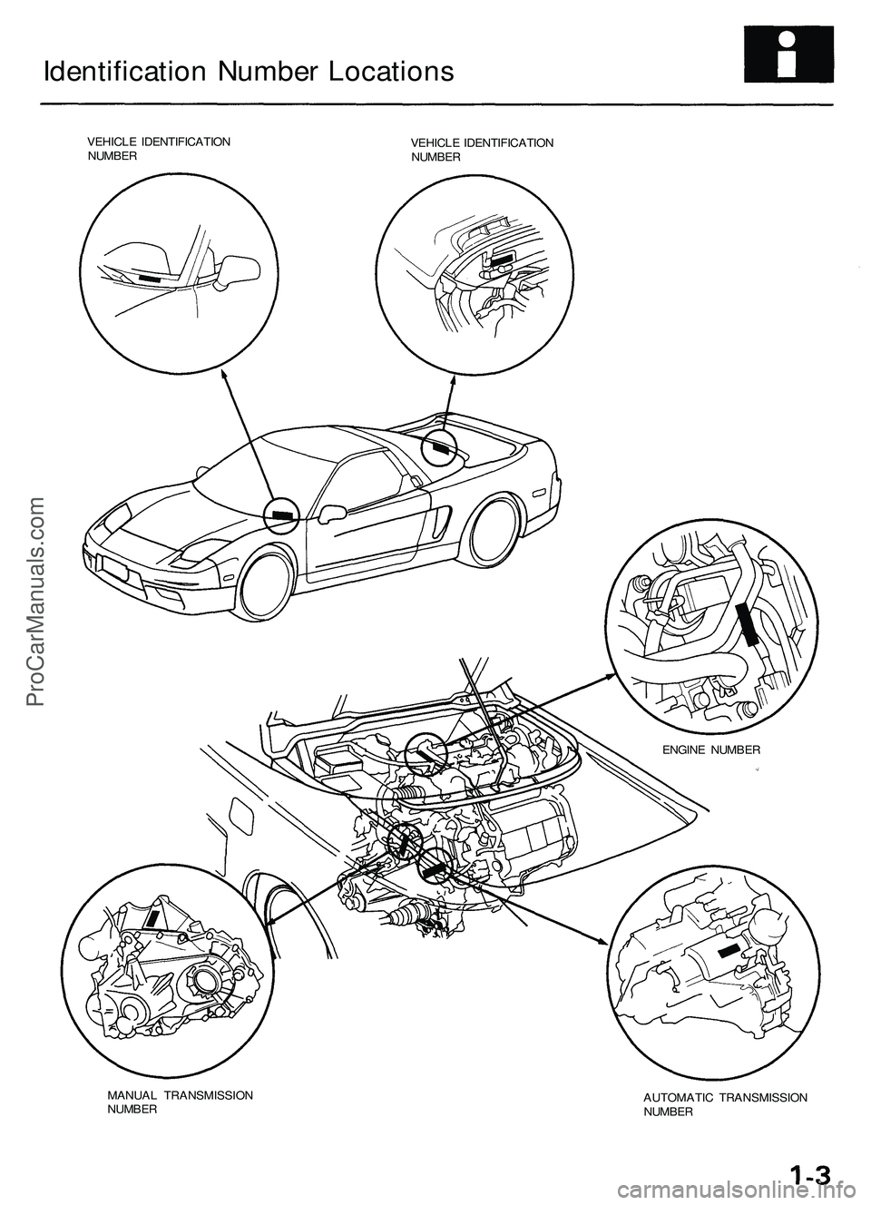 ACURA NSX 1997 Service Repair Manual
Identification Number Locations
VEHICLE IDENTIFICATION
NUMBER
VEHICLE IDENTIFICATION
NUMBER
ENGINE NUMBER
AUTOMATIC TRANSMISSION
NUMBER
MANUAL TRANSMISSION
NUMBERProCarManuals.com ACURA NSX 1997 Service Repair Manual
Identification Number Locations
VEHICLE IDENTIFICATION
NUMBER
VEHICLE IDENTIFICATION
NUMBER
ENGINE NUMBER
AUTOMATIC TRANSMISSION
NUMBER
MANUAL TRANSMISSION
NUMBERProCarManuals.com