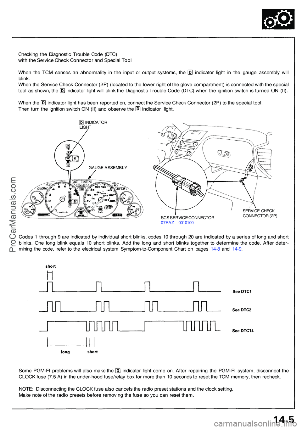 ACURA NSX 1997 Service Owners Guide Checking th e Diagnosti c Troubl e Cod e (DTC )
wit h th e Servic e Chec k Connecto r an d Specia l Too l
Whe n th e TC M sense s a n abnormalit y i n th e inpu t o r outpu t systems , th e indicato r ACURA NSX 1997 Service Owners Guide Checking th e Diagnosti c Troubl e Cod e (DTC )
wit h th e Servic e Chec k Connecto r an d Specia l Too l
Whe n th e TC M sense s a n abnormalit y i n th e inpu t o r outpu t systems , th e indicato r