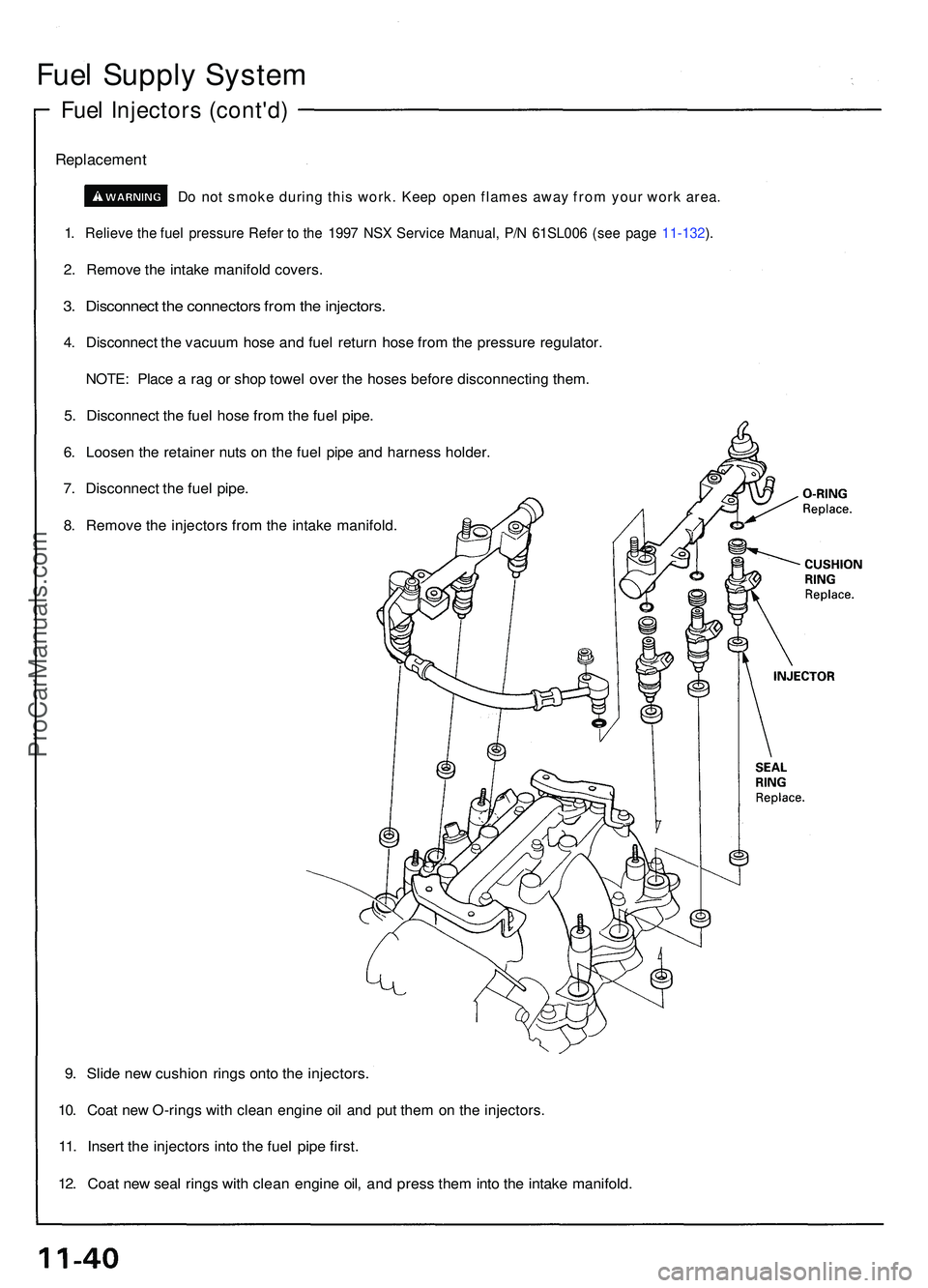 ACURA NSX 1997  Service Repair Manual Fuel Suppl y Syste m
Fuel Injector s (cont'd )
Replacemen t
Do no t smok e durin g thi s work . Kee p ope n flame s awa y fro m you r wor k area .
1. Reliev e th e fue l pressur e Refe r t o  th e