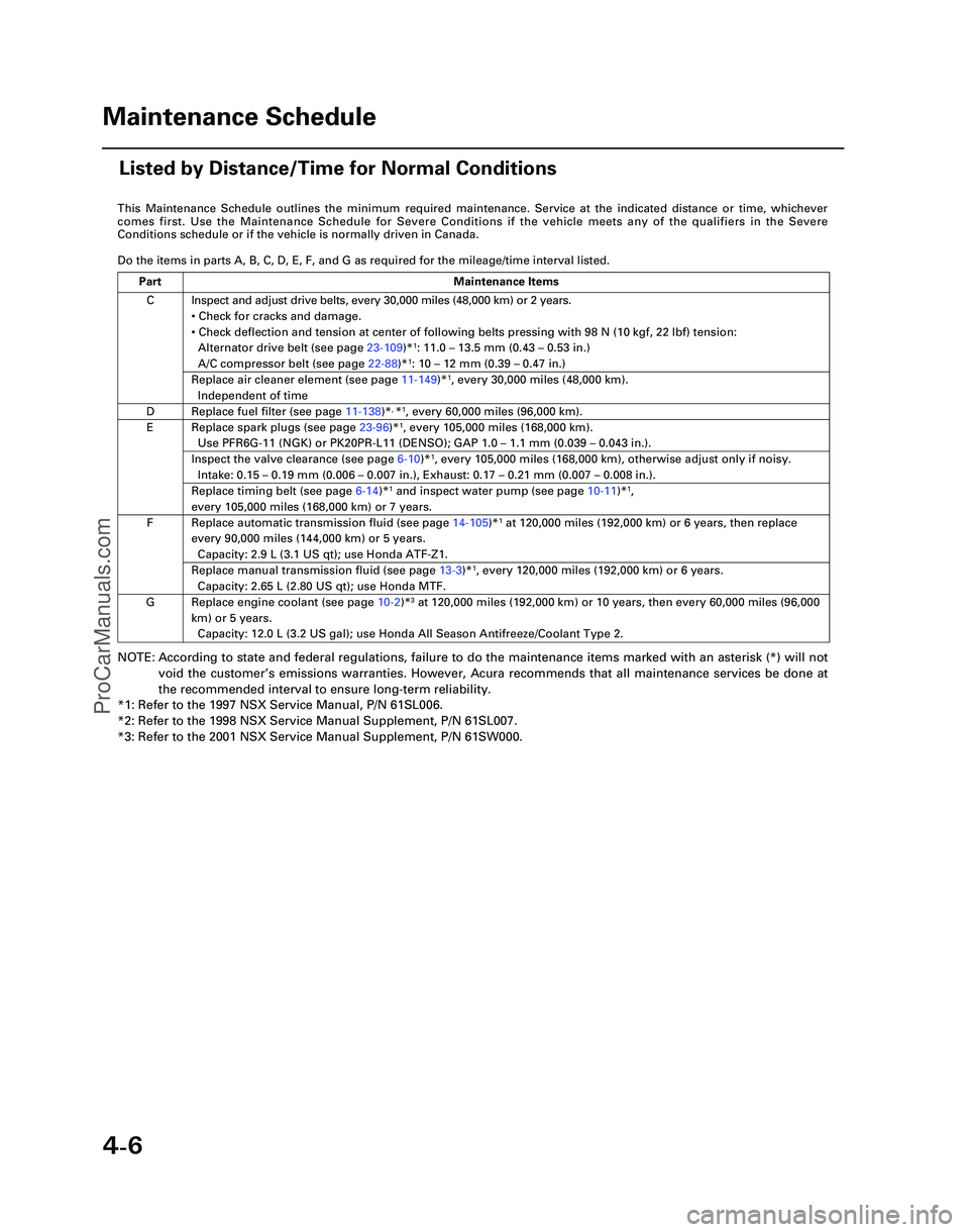 ACURA NSX 1997 Service Repair Manual 4-6
This Maintenance Schedule outlines the minimum required maintenance. Ser\
vice at the indicated distance or time, whichever
comes first. Use the Maintenance Schedule for Severe Conditions if the v ACURA NSX 1997 Service Repair Manual 4-6
This Maintenance Schedule outlines the minimum required maintenance. Ser\
vice at the indicated distance or time, whichever
comes first. Use the Maintenance Schedule for Severe Conditions if the v