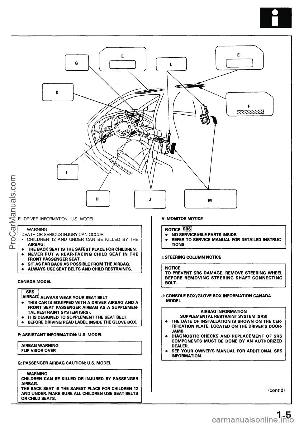 ACURA NSX 1997  Service Repair Manual 
E: DRIVER INFORMATION: U.S. MODEL

WARNING

DEATH OR SERIOUS INJURY CAN OCCUR.

• CHILDREN 12 AND UNDER CAN BE KILLED BY THEProCarManuals.com 