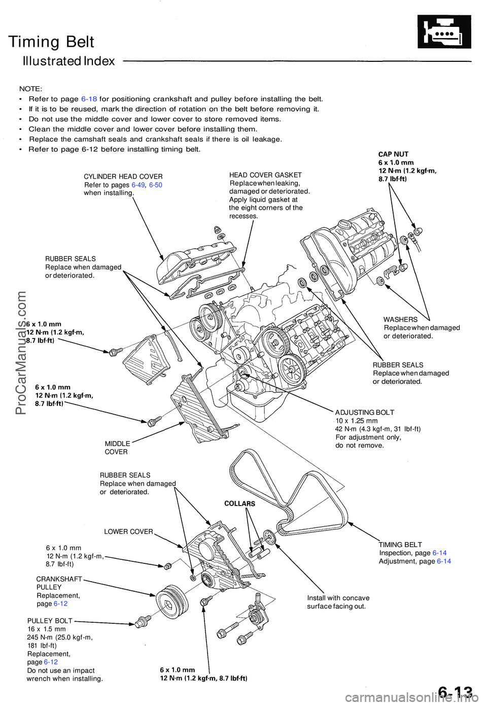 ACURA NSX 1997 Service Repair Manual Timing Bel t
Illustrate d Inde x
NOTE :
• Refe r t o pag e 6-1 8 fo r positionin g crankshaf t an d pulle y befor e installin g th e belt .
• I f i t i s t o b e reused , mar k th e directio n o ACURA NSX 1997 Service Repair Manual Timing Bel t
Illustrate d Inde x
NOTE :
• Refe r t o pag e 6-1 8 fo r positionin g crankshaf t an d pulle y befor e installin g th e belt .
• I f i t i s t o b e reused , mar k th e directio n o