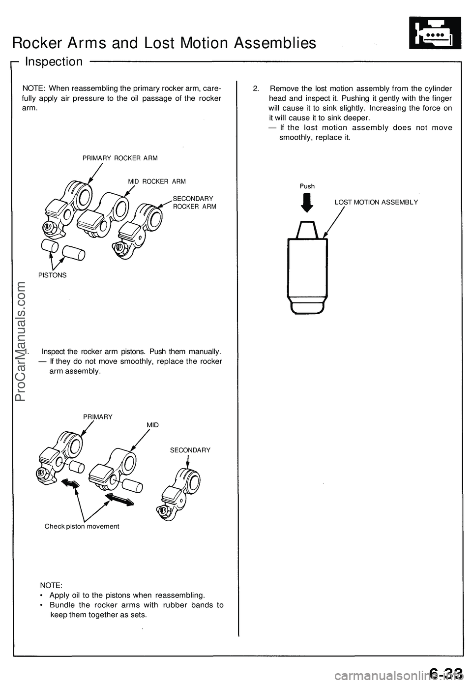 ACURA NSX 1997 Service Repair Manual
Rocker Arms and Lost Motion Assemblies
Inspection
NOTE: When reassembling the primary rocker arm, care-
fully apply air pressure to the oil passage of the rocker
arm.
PRIMARY ROCKER ARM
MID ROC ACURA NSX 1997 Service Repair Manual
Rocker Arms and Lost Motion Assemblies
Inspection
NOTE: When reassembling the primary rocker arm, care-
fully apply air pressure to the oil passage of the rocker
arm.
PRIMARY ROCKER ARM
MID ROC
