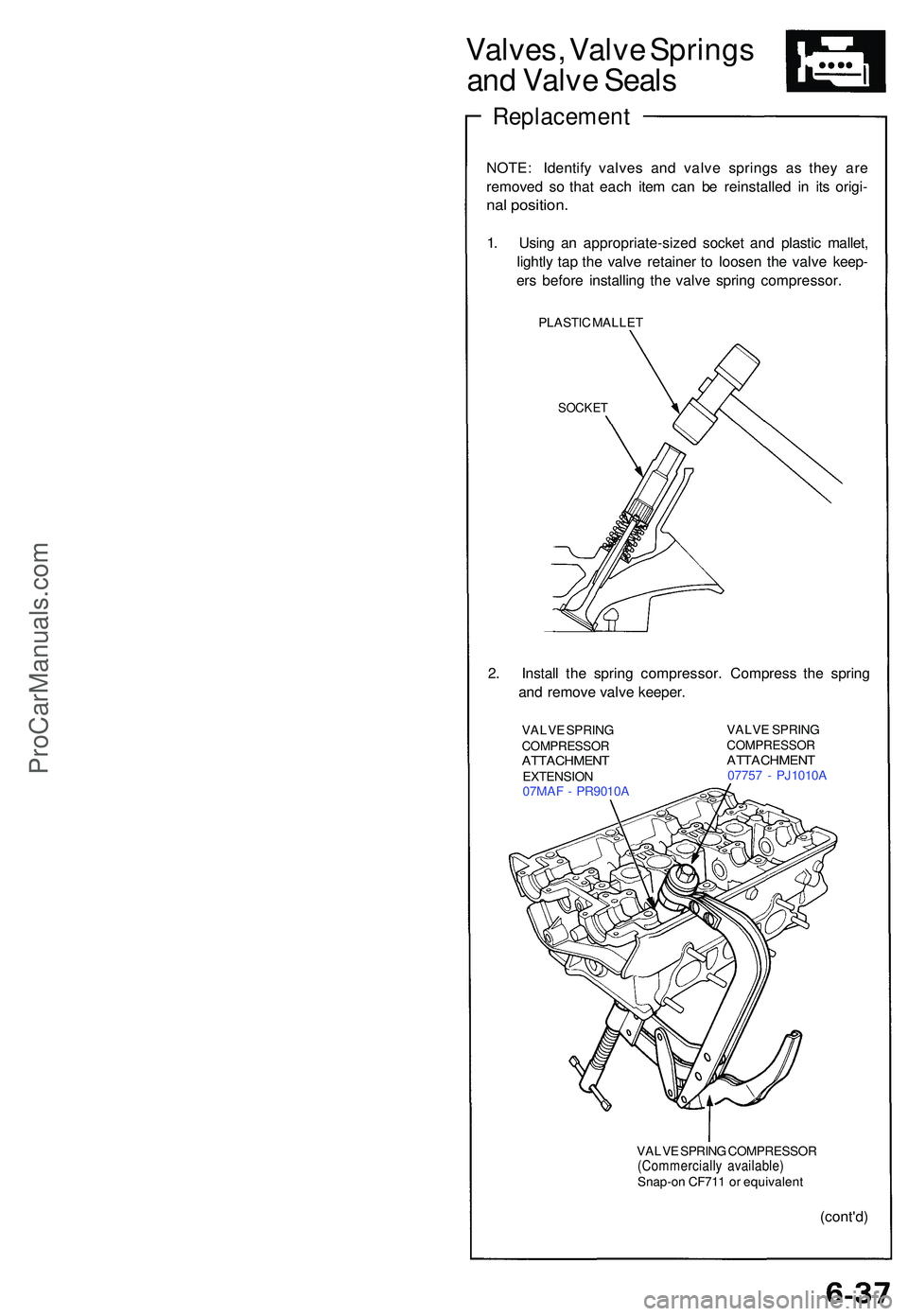 ACURA NSX 1997 Service Repair Manual Valves, Valv e Spring s
an d Valv e Seal s
Replacemen t
NOTE: Identif y valve s an d valv e spring s a s the y ar e
remove d s o tha t eac h ite m ca n b e reinstalle d i n it s origi -
nal position . ACURA NSX 1997 Service Repair Manual Valves, Valv e Spring s
an d Valv e Seal s
Replacemen t
NOTE: Identif y valve s an d valv e spring s a s the y ar e
remove d s o tha t eac h ite m ca n b e reinstalle d i n it s origi -
nal position .