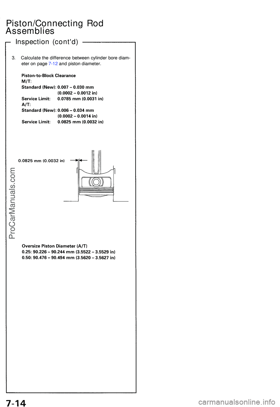 ACURA NSX 1997 Service Repair Manual Piston/Connecting Ro d
Assemblie s
Inspection (cont'd )
3. Calculat e th e differenc e betwee n cylinde r bor e diam -
ete r o n pag e 7-1 2 an d pisto n diameter .
ProCarManuals.com ACURA NSX 1997 Service Repair Manual Piston/Connecting Ro d
Assemblie s
Inspection (cont'd )
3. Calculat e th e differenc e betwee n cylinde r bor e diam -
ete r o n pag e 7-1 2 an d pisto n diameter .
ProCarManuals.com