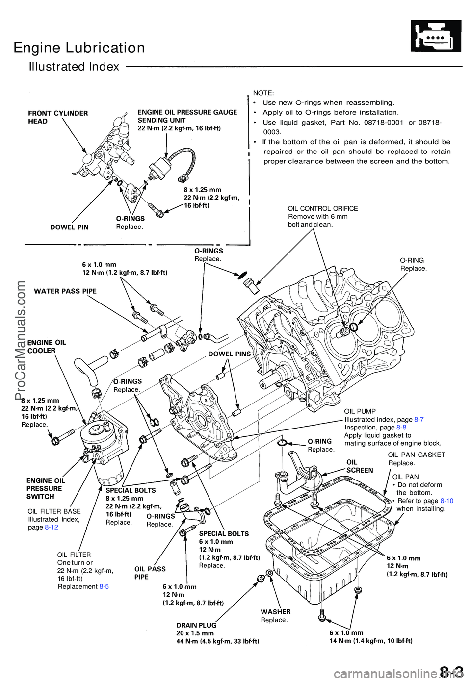 ACURA NSX 1997 Service Repair Manual Engine Lubricatio n
Illustrated Index
NOTE:
• Us e ne w O-ring s whe n reassembling .
• Appl y oi l t o O-ring s befor e installation .
• Us e liqui d gasket , Par t No . 0871 8-000 1 o r 0871 8 ACURA NSX 1997 Service Repair Manual Engine Lubricatio n
Illustrated Index
NOTE:
• Us e ne w O-ring s whe n reassembling .
• Appl y oi l t o O-ring s befor e installation .
• Us e liqui d gasket , Par t No . 0871 8-000 1 o r 0871 8