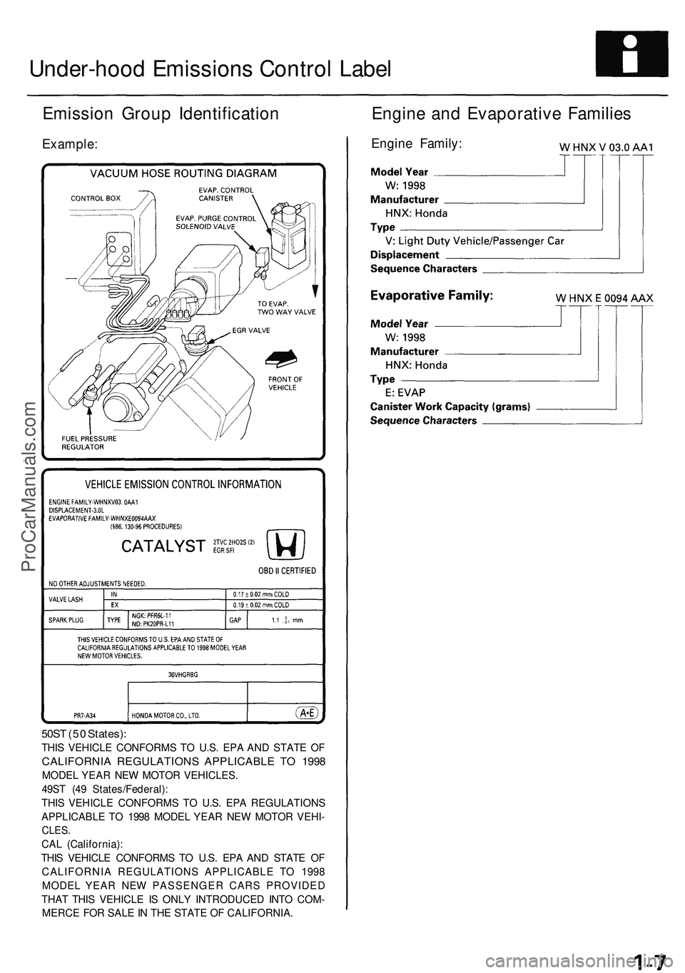 ACURA NSX 1997  Service Repair Manual Under-hood Emission s Contro l Labe l
Emissio n Grou p Identificatio n
Example:
50ST (5 0 States) :
THIS VEHICL E CONFORM S T O U.S . EP A AN D STAT E O F
CALIFORNI A REGULATION S APPLICABL E T O 199 