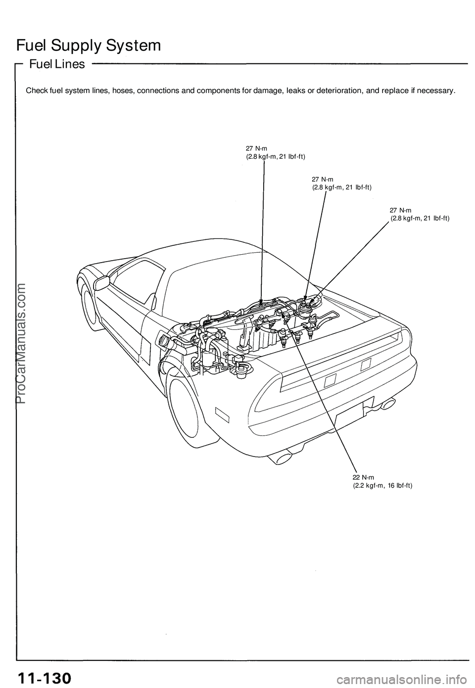 ACURA NSX 1997 Service Repair Manual Fuel Suppl y Syste m
Fuel Line s
Chec k fue l syste m lines , hoses , connection s an d component s fo r damage , leak s o r deterioration , an d replac e if necessary .
27 N- m(2.8 kgf-m , 2 1 Ibf-f ACURA NSX 1997 Service Repair Manual Fuel Suppl y Syste m
Fuel Line s
Chec k fue l syste m lines , hoses , connection s an d component s fo r damage , leak s o r deterioration , an d replac e if necessary .
27 N- m(2.8 kgf-m , 2 1 Ibf-f