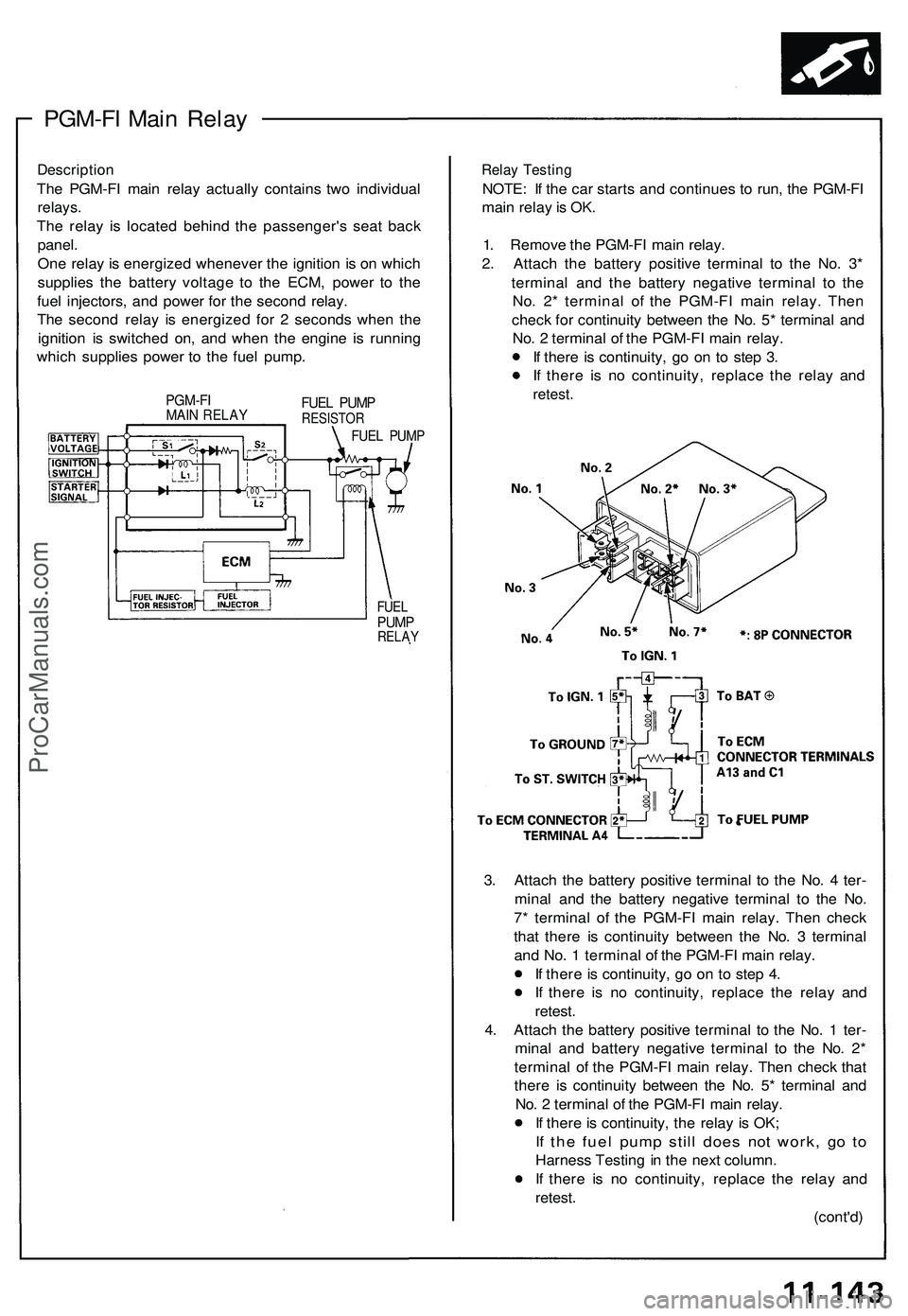 ACURA NSX 1997 Service Repair Manual
PGM-FI Main Relay
Description
The PGM-FI main relay actually contains two individual
relays.
The relay is located behind the passenger's seat back
panel.
One relay is energized whenever the ACURA NSX 1997 Service Repair Manual
PGM-FI Main Relay
Description
The PGM-FI main relay actually contains two individual
relays.
The relay is located behind the passenger's seat back
panel.
One relay is energized whenever the