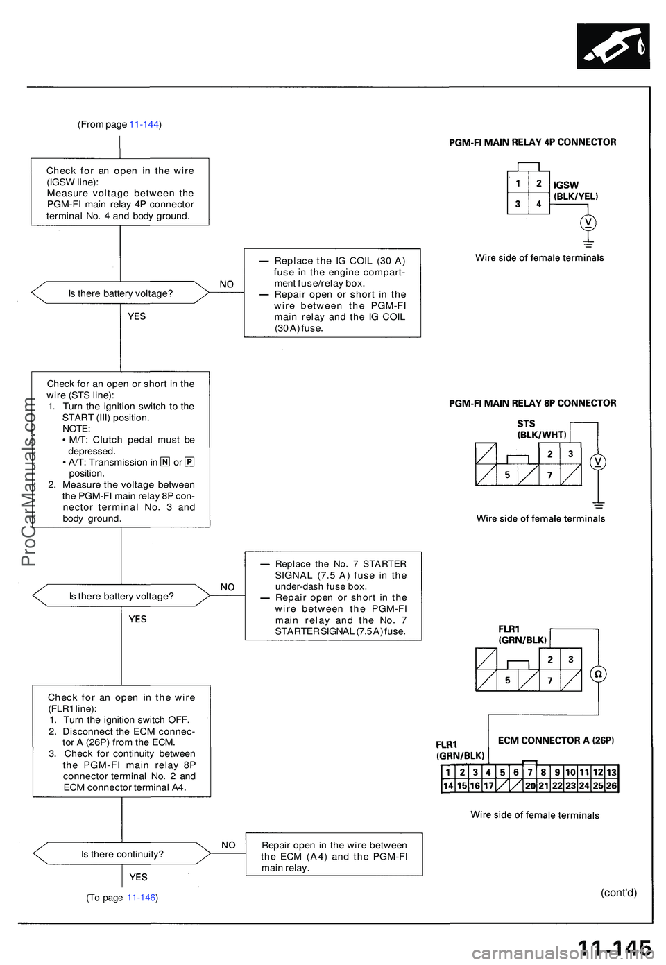 ACURA NSX 1997 Service Repair Manual (From pag e 11-144 )
Chec k fo r a n ope n i n th e wir e
(IGS W line) :
Measur e voltag e betwee n th e
PGM-F I mai n rela y 4 P connecto r
termina l No . 4 an d bod y ground .
I s ther e batter y ACURA NSX 1997 Service Repair Manual (From pag e 11-144 )
Chec k fo r a n ope n i n th e wir e
(IGS W line) :
Measur e voltag e betwee n th e
PGM-F I mai n rela y 4 P connecto r
termina l No . 4 an d bod y ground .
I s ther e batter y