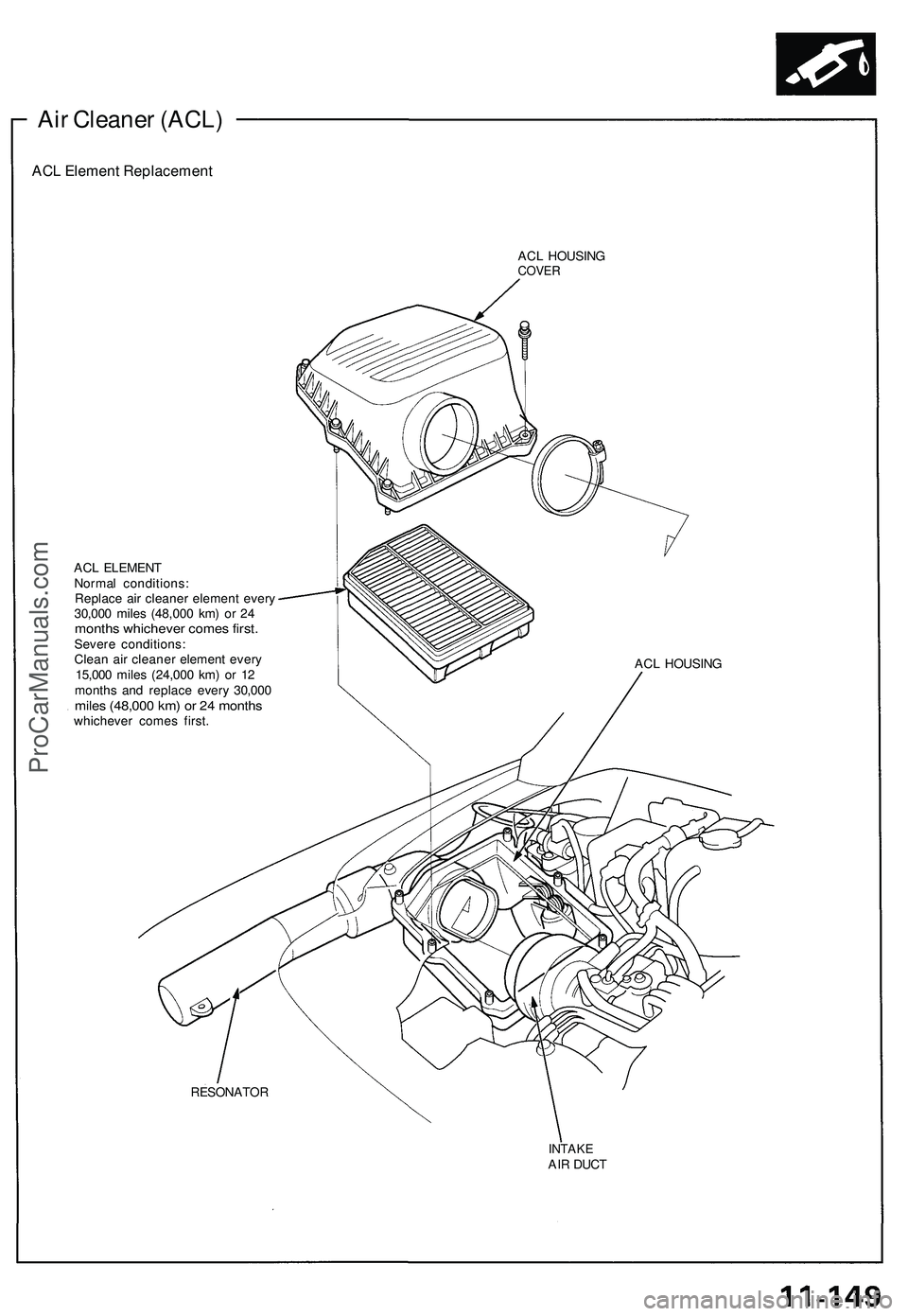ACURA NSX 1997 Service Repair Manual
Air Cleaner (ACL)
ACL Element Replacement
ACL HOUSING
COVER
ACL ELEMENT
Normal conditions:
Replace air cleaner element every
30,000 miles (48,000 km) or 24
months whichever comes first.
Seve ACURA NSX 1997 Service Repair Manual
Air Cleaner (ACL)
ACL Element Replacement
ACL HOUSING
COVER
ACL ELEMENT
Normal conditions:
Replace air cleaner element every
30,000 miles (48,000 km) or 24
months whichever comes first.
Seve