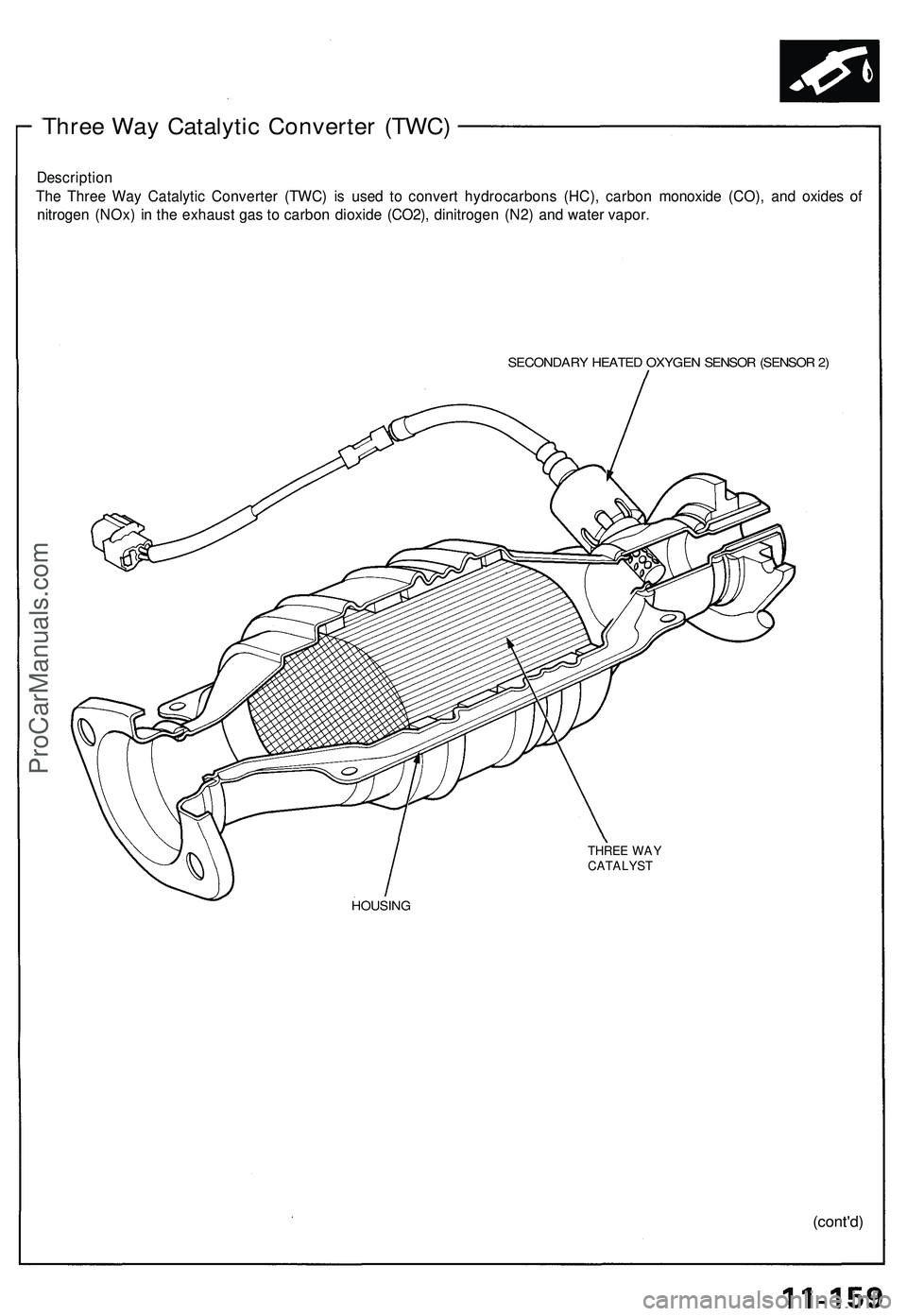 ACURA NSX 1997 Service Repair Manual Three Wa y Catalyti c Converte r (TWC)
Descriptio n
Th e Thre e Wa y Catalyti c Converte r (TWC ) i s use d t o conver t hydrocarbon s (HC) , carbo n monoxid e (CO) , an d oxide s o f
nitroge n (NOx ) ACURA NSX 1997 Service Repair Manual Three Wa y Catalyti c Converte r (TWC)
Descriptio n
Th e Thre e Wa y Catalyti c Converte r (TWC ) i s use d t o conver t hydrocarbon s (HC) , carbo n monoxid e (CO) , an d oxide s o f
nitroge n (NOx )
