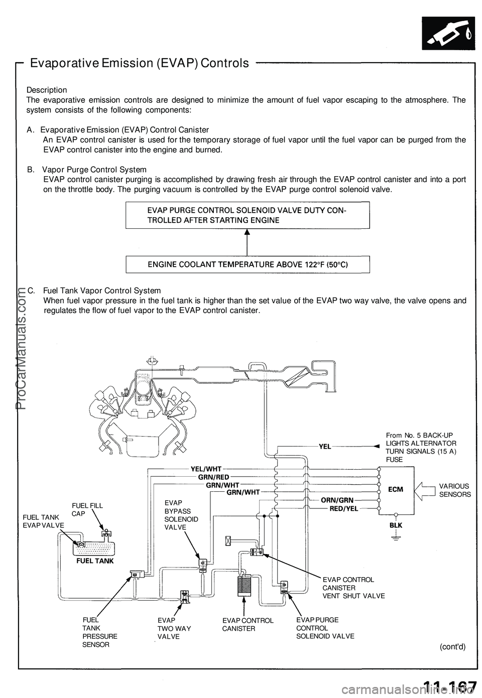 ACURA NSX 1997 Service Owners Guide
Evaporative Emission (EVAP) Controls
Description
The evaporative emission controls are designed to minimize the amount of fuel vapor escaping to the atmosphere. The
system consists of the followin ACURA NSX 1997 Service Owners Guide
Evaporative Emission (EVAP) Controls
Description
The evaporative emission controls are designed to minimize the amount of fuel vapor escaping to the atmosphere. The
system consists of the followin