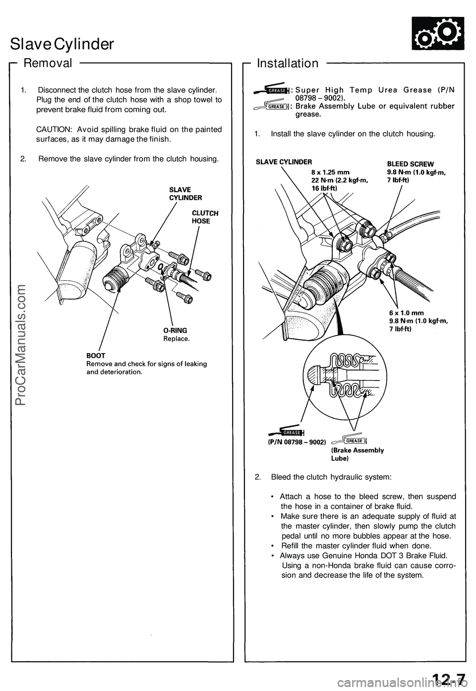 ACURA NSX 1997 Service Repair Manual Slave Cylinde r
Remova l
1. Disconnec t th e clutc h hos e fro m th e slav e cylinder .
Plu g th e en d o f th e clutc h hos e wit h a sho p towe l t o
preven t brak e flui d fro m comin g out .
CAUT ACURA NSX 1997 Service Repair Manual Slave Cylinde r
Remova l
1. Disconnec t th e clutc h hos e fro m th e slav e cylinder .
Plu g th e en d o f th e clutc h hos e wit h a sho p towe l t o
preven t brak e flui d fro m comin g out .
CAUT