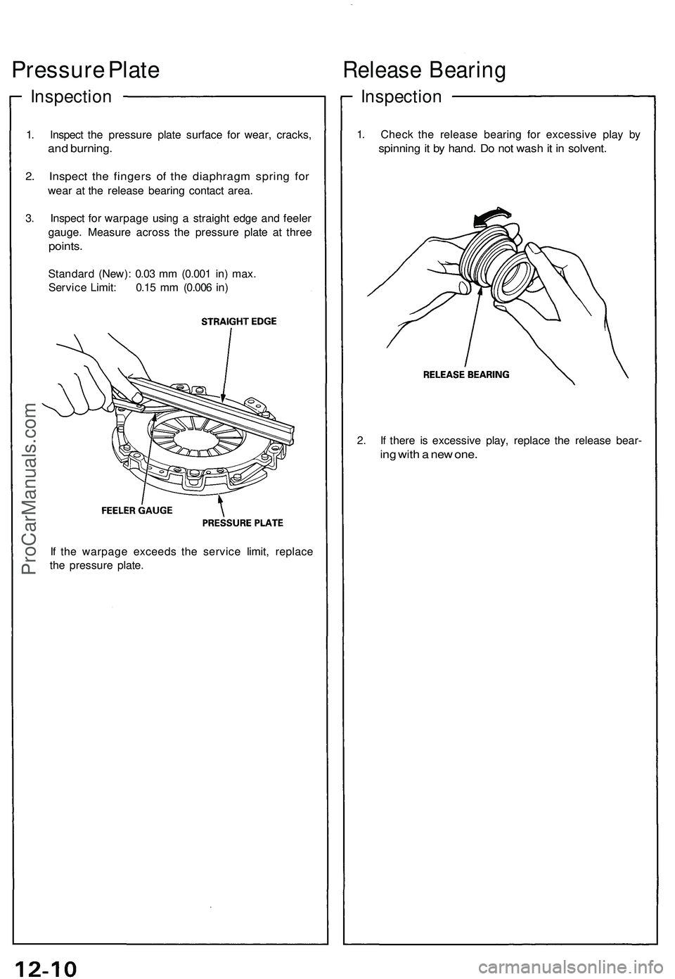 ACURA NSX 1997 Service Repair Manual Pressure Plat e
Inspectio n
1. Inspec t th e pressur e plat e surfac e fo r wear , cracks ,
and burning .
2. Inspec t th e finger s o f th e diaphrag m sprin g fo r
wea r a t th e releas e bearin g co ACURA NSX 1997 Service Repair Manual Pressure Plat e
Inspectio n
1. Inspec t th e pressur e plat e surfac e fo r wear , cracks ,
and burning .
2. Inspec t th e finger s o f th e diaphrag m sprin g fo r
wea r a t th e releas e bearin g co