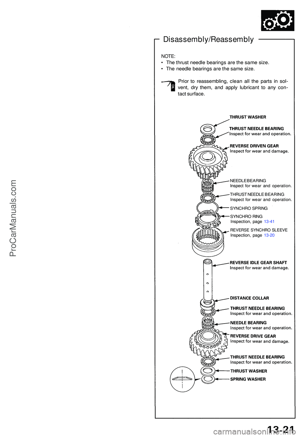 ACURA NSX 1997  Service Repair Manual Disassembly/Reassembly
NOTE:
• Th e thrus t needl e bearing s ar e th e sam e size .
•  Th e needl e bearing s ar e th e sam e size .
Prio r t o reassembling , clea n al l th e part s i n sol -
ve