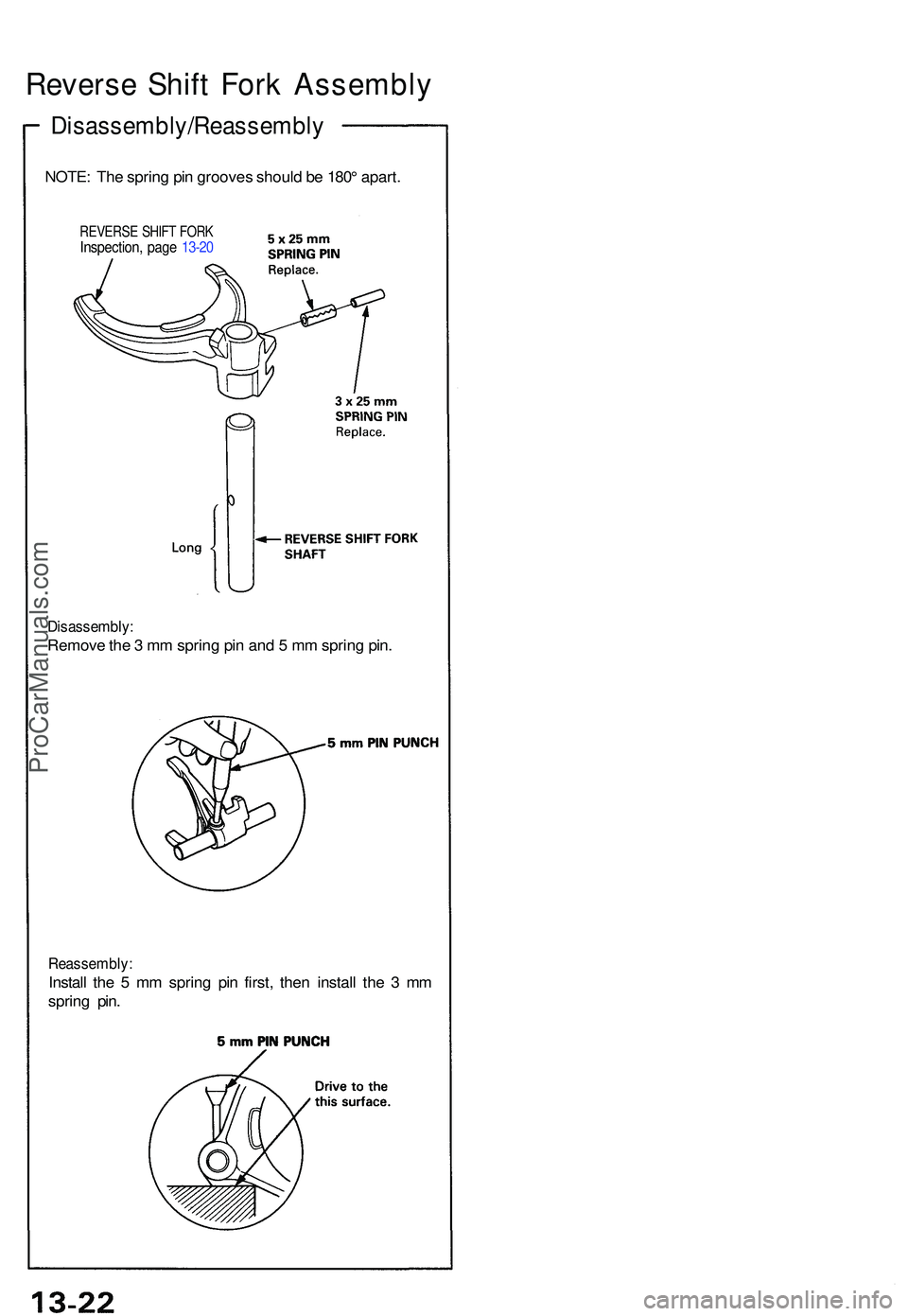 ACURA NSX 1997  Service Repair Manual Reverse Shif t For k Assembly
Disassembly/Reassembl y
NOTE: Th e sprin g pi n groove s shoul d b e 180 ° apart .
REVERS E SHIF T FOR KInspection , pag e 13-2 0
Disassembly :
Remove th e 3  m m sprin 