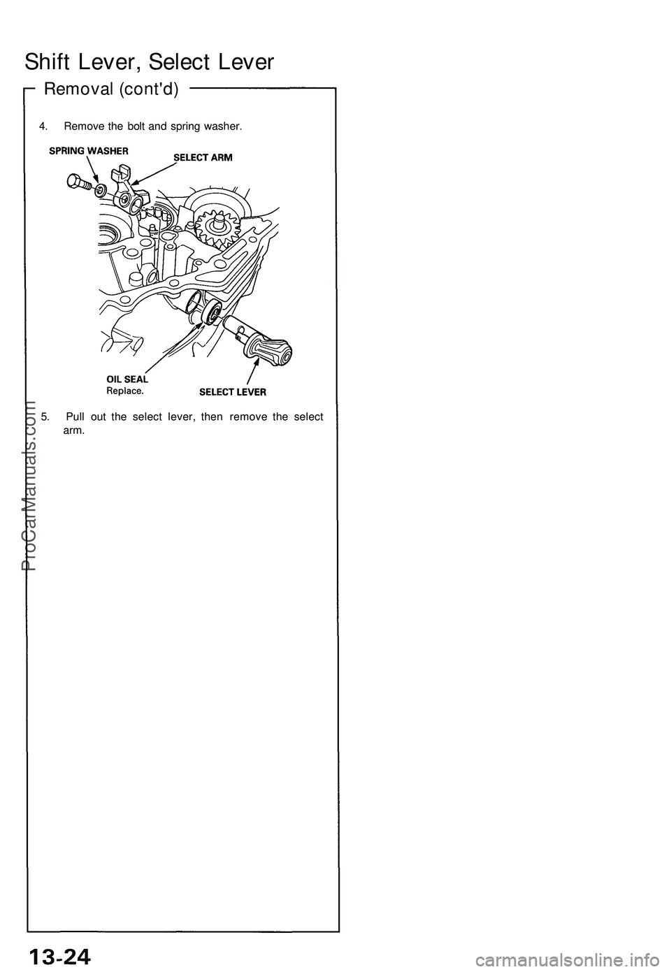 ACURA NSX 1997  Service Repair Manual 
Shift Lever, Select Lever

Removal (cont'd)

4. Remove the bolt and spring washer.

5. Pull out the select lever, then remove the select

arm.ProCarManuals.com 