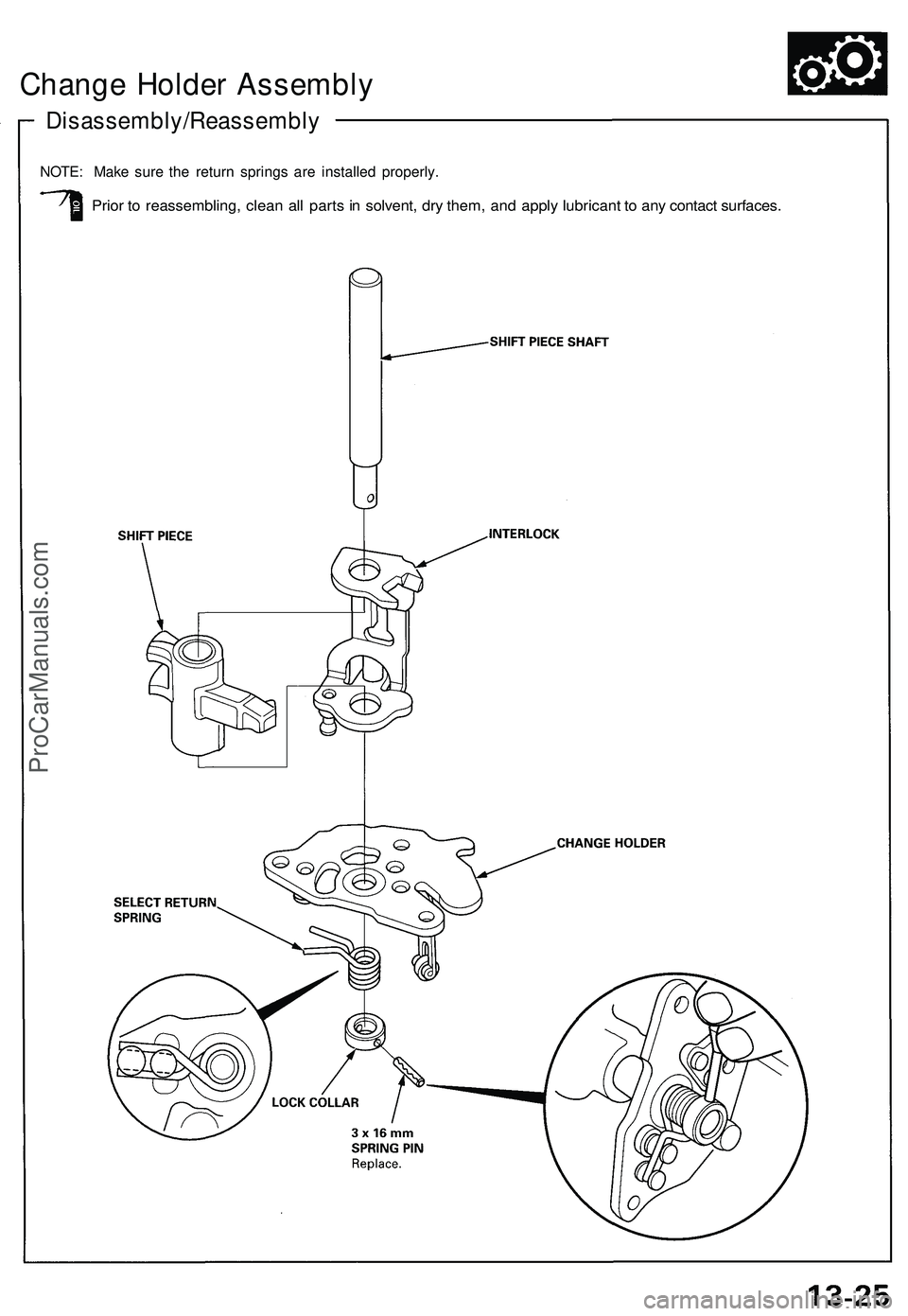 ACURA NSX 1997  Service Repair Manual 
Change Holder Assembly

Disassembly/Reassembly

NOTE: Make sure the return springs are installed properly.

Prior to reassembling, clean all parts in solvent, dry them, and apply lubricant to any con