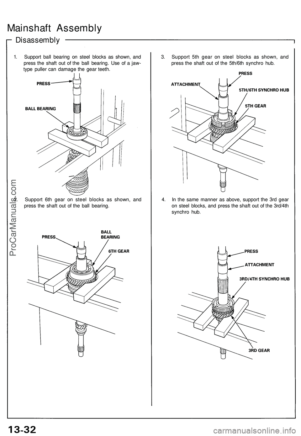 ACURA NSX 1997  Service Repair Manual 
Mainshaft Assembly

Disassembly

1. Support ball bearing on steel blocks as shown, and

press the shaft out of the ball bearing. Use of a jaw-

type puller can damage the gear teeth. 
3. Support 5th 