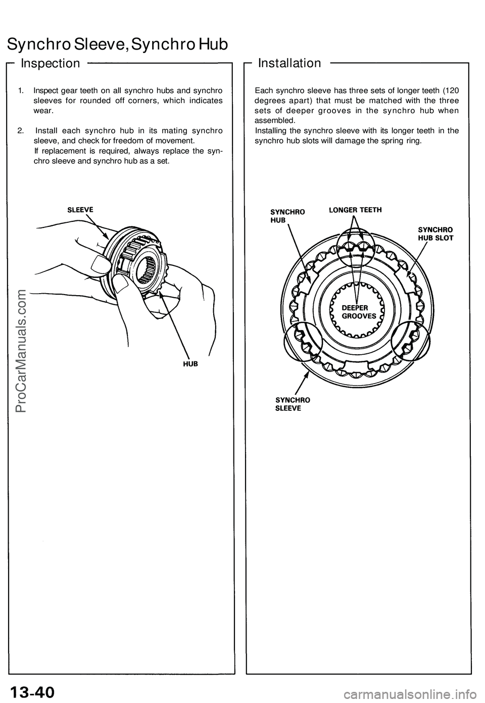 ACURA NSX 1997  Service Repair Manual 
Synchro Sleeve, Synchro Hub

Inspection

1. Inspect gear teeth on all synchro hubs and synchro

sleeves for rounded off corners, which indicates

wear.

2. Install each synchro hub in its mating sync