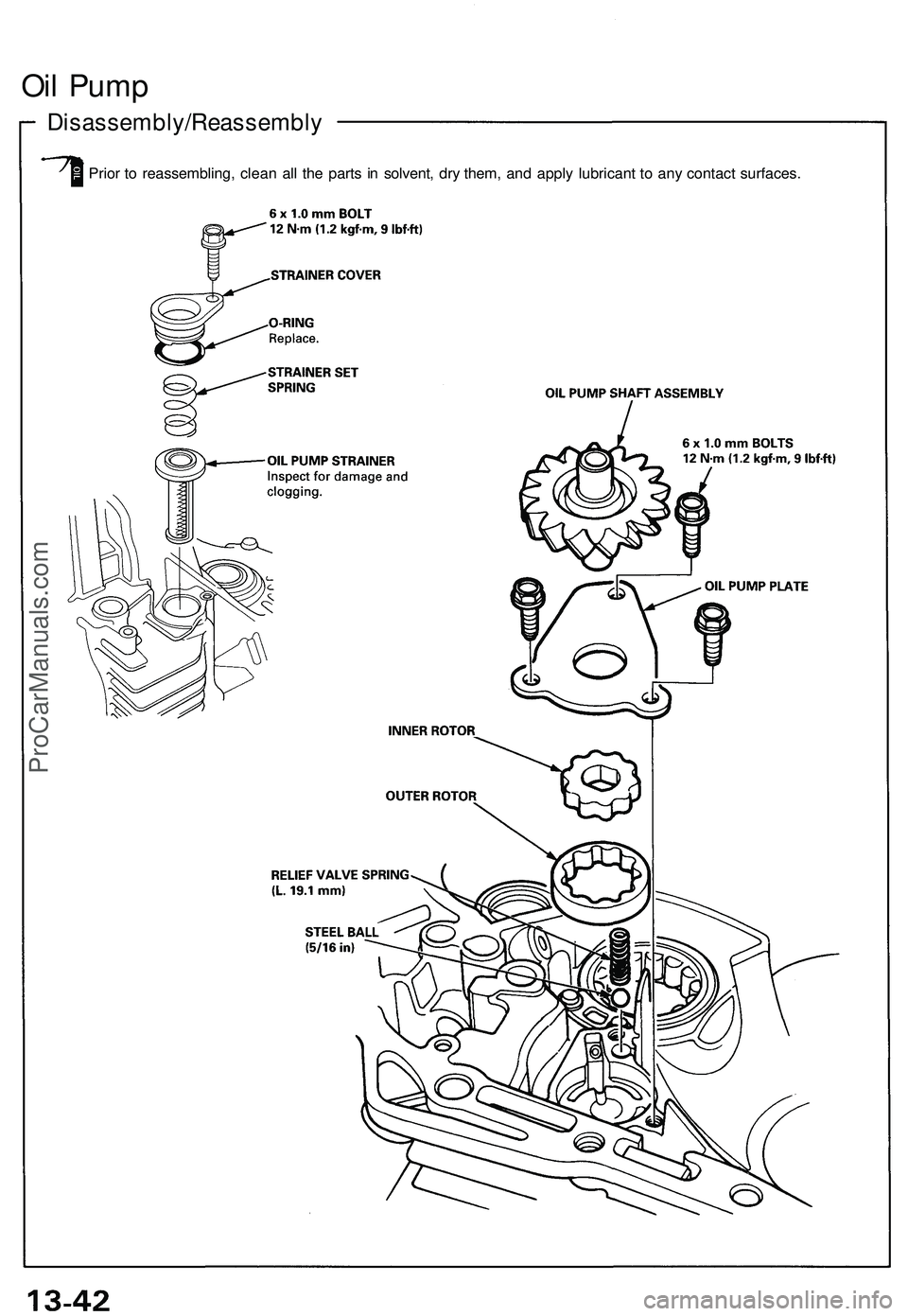 ACURA NSX 1997  Service Repair Manual 
Oil Pump

Disassembly/Reassembly

Prior to reassembling, clean all the parts in solvent, dry them, and apply lubricant to any contact surfaces.ProCarManuals.com 