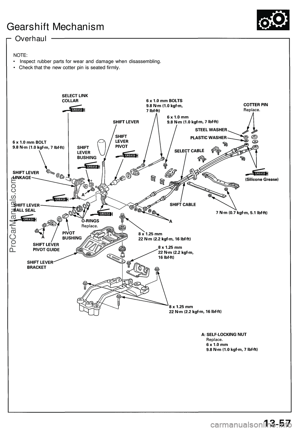 ACURA NSX 1997 Service Repair Manual Gearshift Mechanis m
Overhaul
NOTE:
• Inspec t rubbe r part s fo r wea r an d damag e whe n disassembling .
• Chec k tha t th e ne w cotte r pi n i s seate d firmly .
ProCarManuals.com ACURA NSX 1997 Service Repair Manual Gearshift Mechanis m
Overhaul
NOTE:
• Inspec t rubbe r part s fo r wea r an d damag e whe n disassembling .
• Chec k tha t th e ne w cotte r pi n i s seate d firmly .
ProCarManuals.com