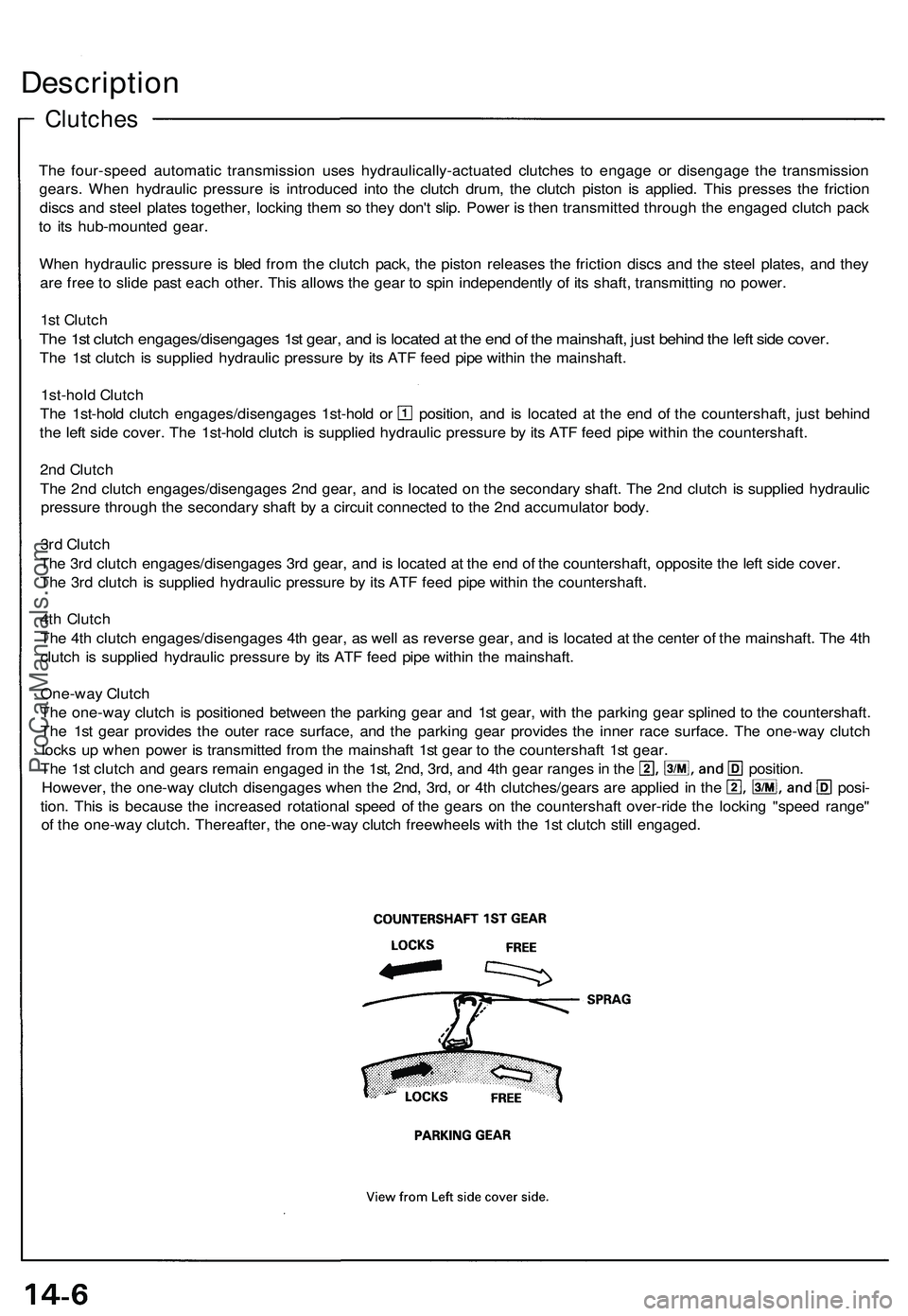 ACURA NSX 1997 Service Repair Manual
Clutches
Description
The four-speed automatic transmission uses hydraulically-actuated clutches to engage or disengage the transmission
gears. When hydraulic pressure is introduced into the clutch ACURA NSX 1997 Service Repair Manual
Clutches
Description
The four-speed automatic transmission uses hydraulically-actuated clutches to engage or disengage the transmission
gears. When hydraulic pressure is introduced into the clutch