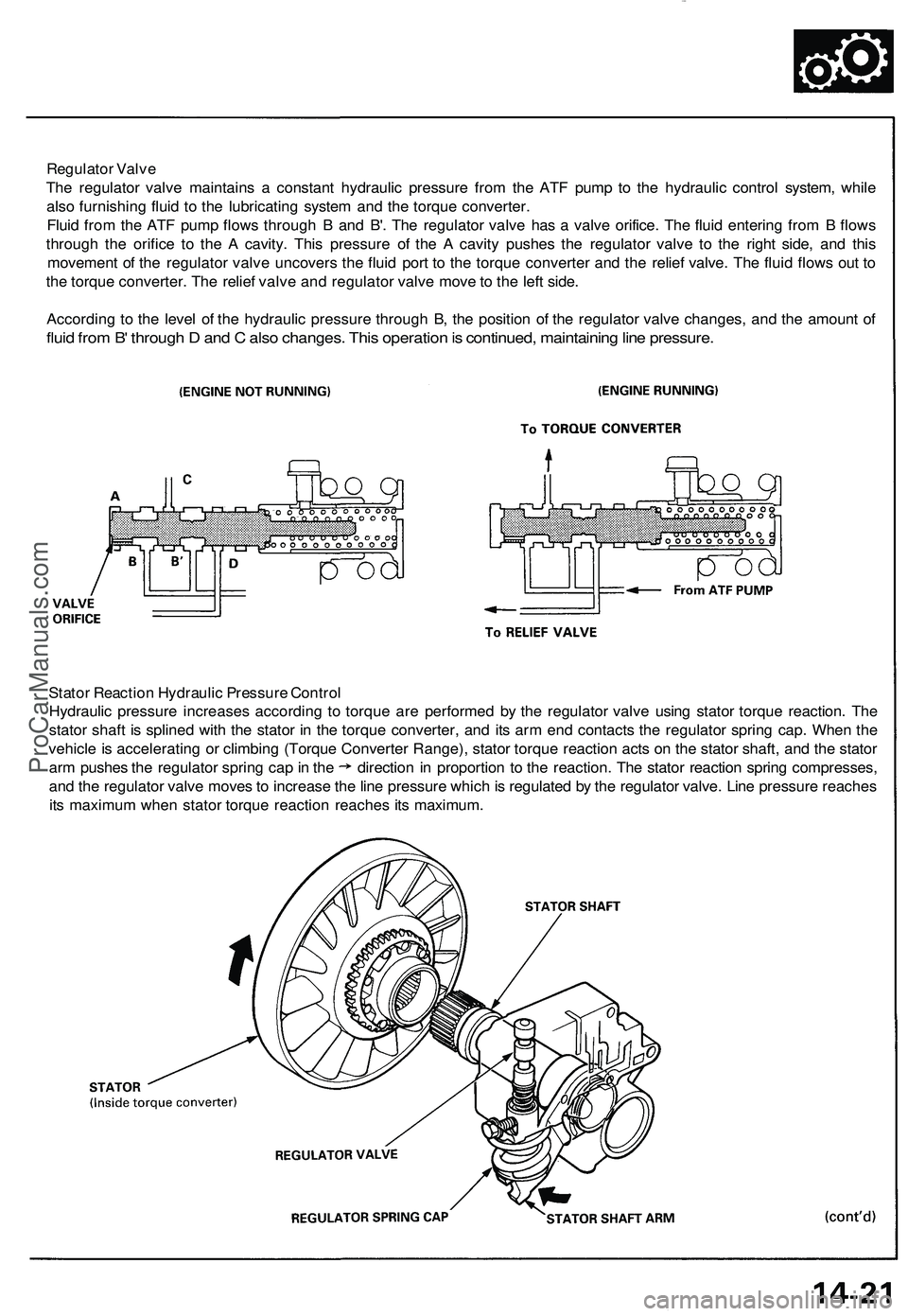 ACURA NSX 1997 Service Repair Manual
Regulator Valve
The regulator valve maintains a constant hydraulic pressure from the ATF pump to the hydraulic control system, while
also furnishing fluid to the lubricating system and the torque c ACURA NSX 1997 Service Repair Manual
Regulator Valve
The regulator valve maintains a constant hydraulic pressure from the ATF pump to the hydraulic control system, while
also furnishing fluid to the lubricating system and the torque c