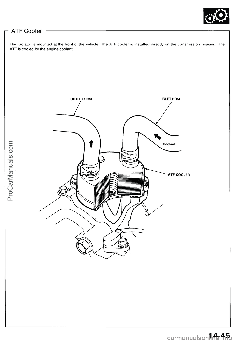 ACURA NSX 1997 Service Repair Manual
ATF Cooler
The radiator is mounted at the front of the vehicle. The ATF cooler is installed directly on the transmission housing. The
ATF is cooled by the engine coolant.ProCarManuals.com ACURA NSX 1997 Service Repair Manual
ATF Cooler
The radiator is mounted at the front of the vehicle. The ATF cooler is installed directly on the transmission housing. The
ATF is cooled by the engine coolant.ProCarManuals.com
