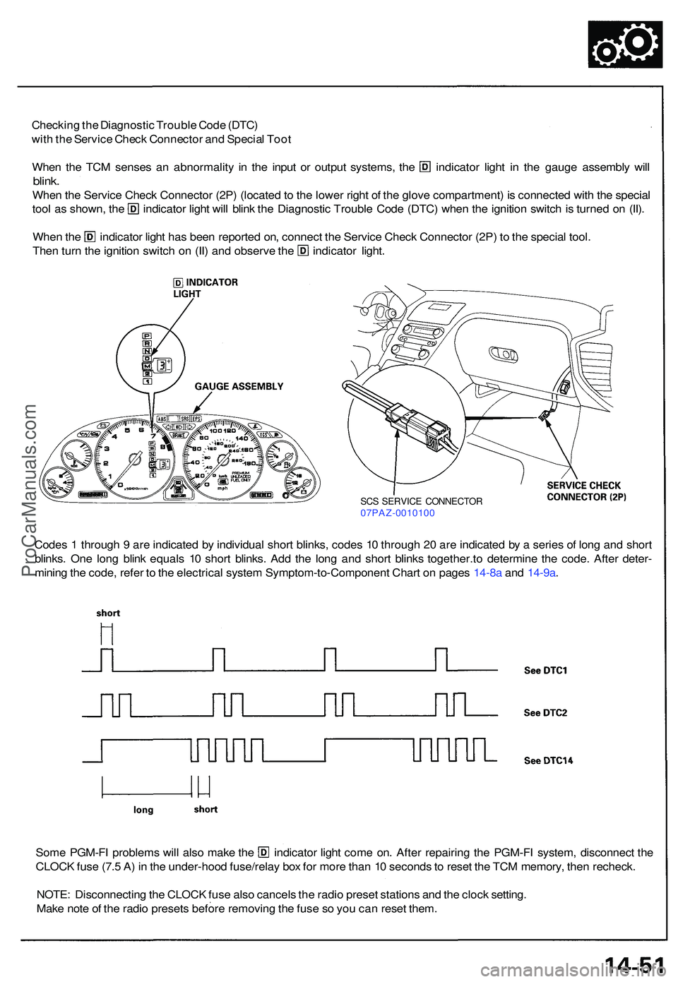 ACURA NSX 1997 Service Repair Manual Checking th e Diagnosti c Troubl e Cod e (DTC )
wit h th e Servic e Chec k Connecto r an d Specia l Too t
Whe n th e TC M sense s a n abnormalit y i n th e inpu t o r outpu t systems , th e indicato r ACURA NSX 1997 Service Repair Manual Checking th e Diagnosti c Troubl e Cod e (DTC )
wit h th e Servic e Chec k Connecto r an d Specia l Too t
Whe n th e TC M sense s a n abnormalit y i n th e inpu t o r outpu t systems , th e indicato r