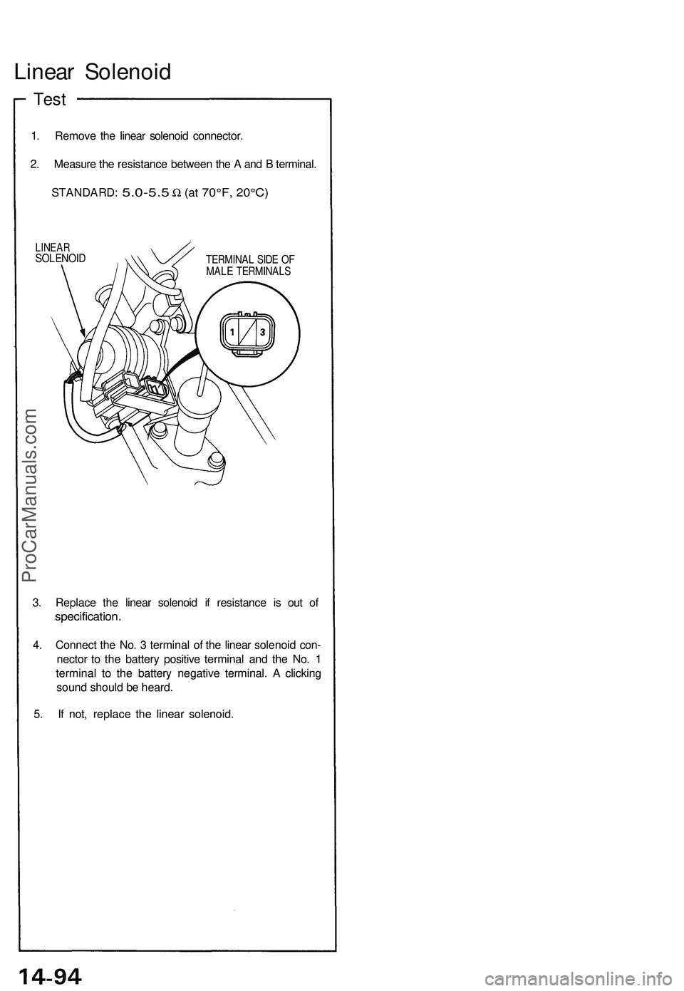 ACURA NSX 1997  Service Repair Manual Linear Solenoi d
Test
1. Remov e th e linea r solenoi d connector .
2 . Measur e th e resistanc e betwee n th e A  an d B  terminal .
STANDARD :
 5.0-5.5 W  (a t 70°F , 20°C )
LINEA RSOLENOI DTERMIN