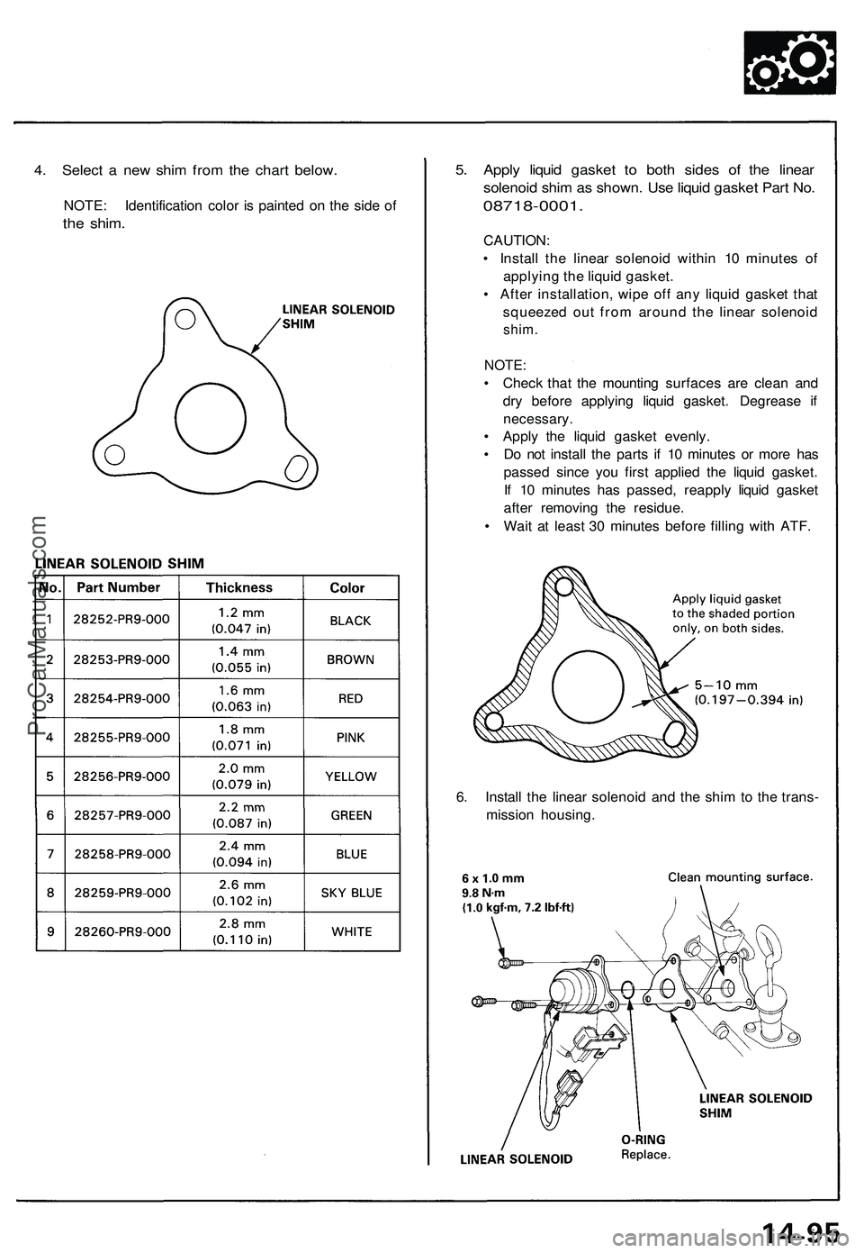 ACURA NSX 1997  Service Repair Manual 
4. Select a new shim from the chart below.

NOTE: Identification color is painted on the side of

the shim. 
5. Apply liquid gasket to both sides of the linear

solenoid shim as shown. Use liquid gas